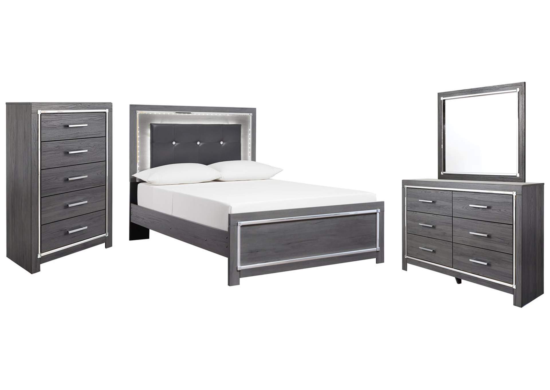 Lodanna Full Panel Bed with Mirrored Dresser and Chest