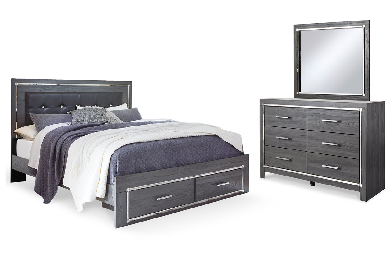 Lodanna King Panel Bed with 2 Storage Drawers with Mirrored Dresser