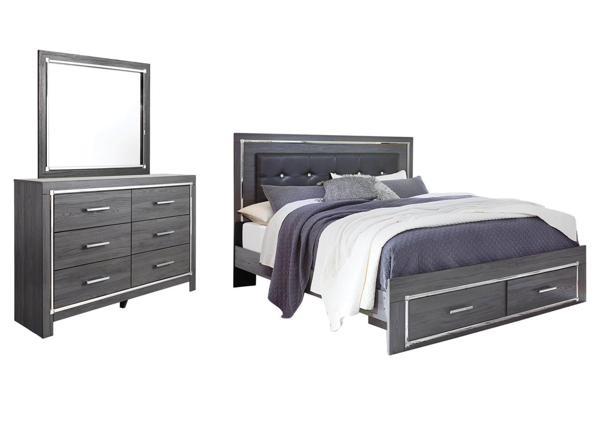 Lodanna King Panel Bed with 2 Storage Drawers with Mirrored Dresser