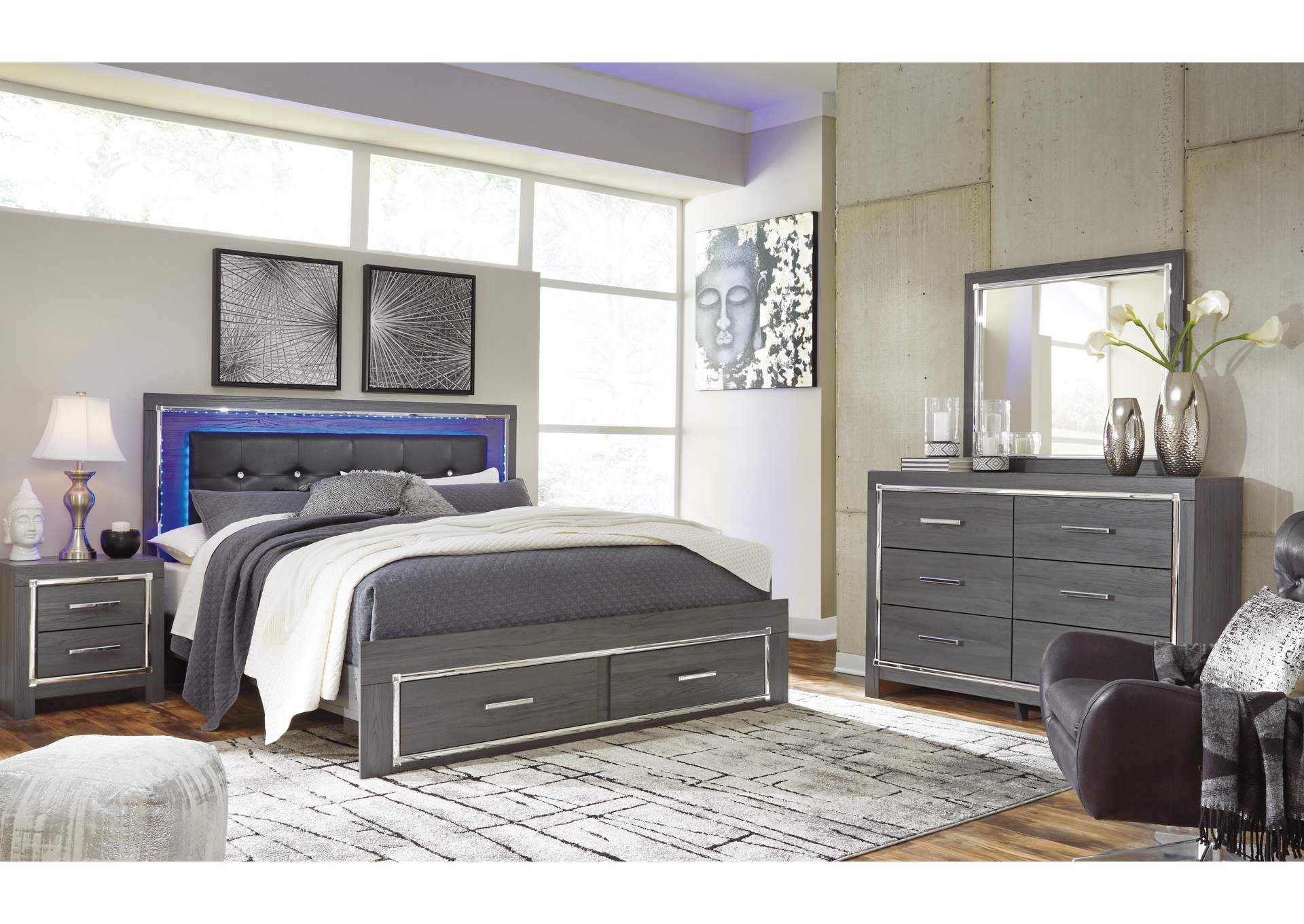 Lodanna King Panel Bed with 2 Storage Drawers with Mirrored Dresser image 3