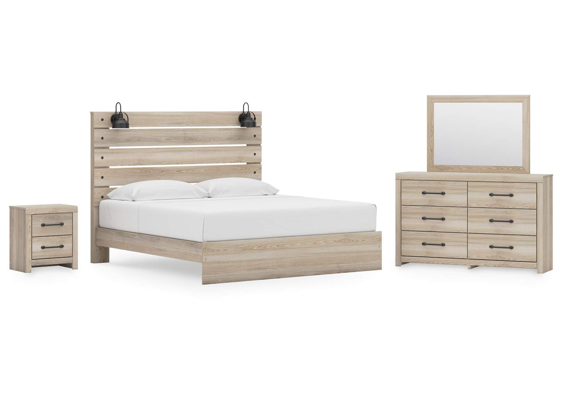 Senbry King Panel Bed with Mirrored Dresser and Nightstand image 1