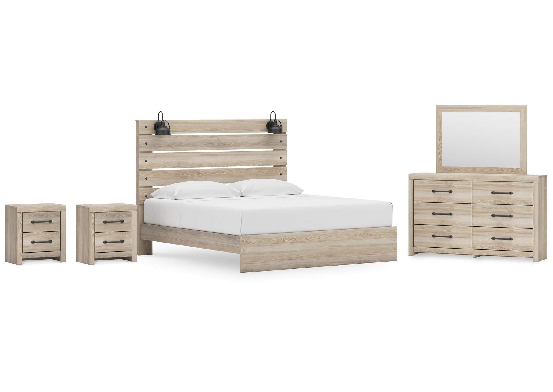 Senbry King Panel Bed with Mirrored Dresser and 2 Nightstands image 1