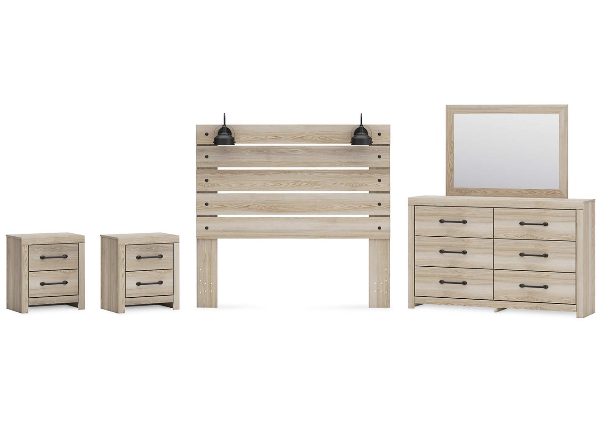 Senbry Queen Panel Headboard with Mirrored Dresser and 2 Nightstands