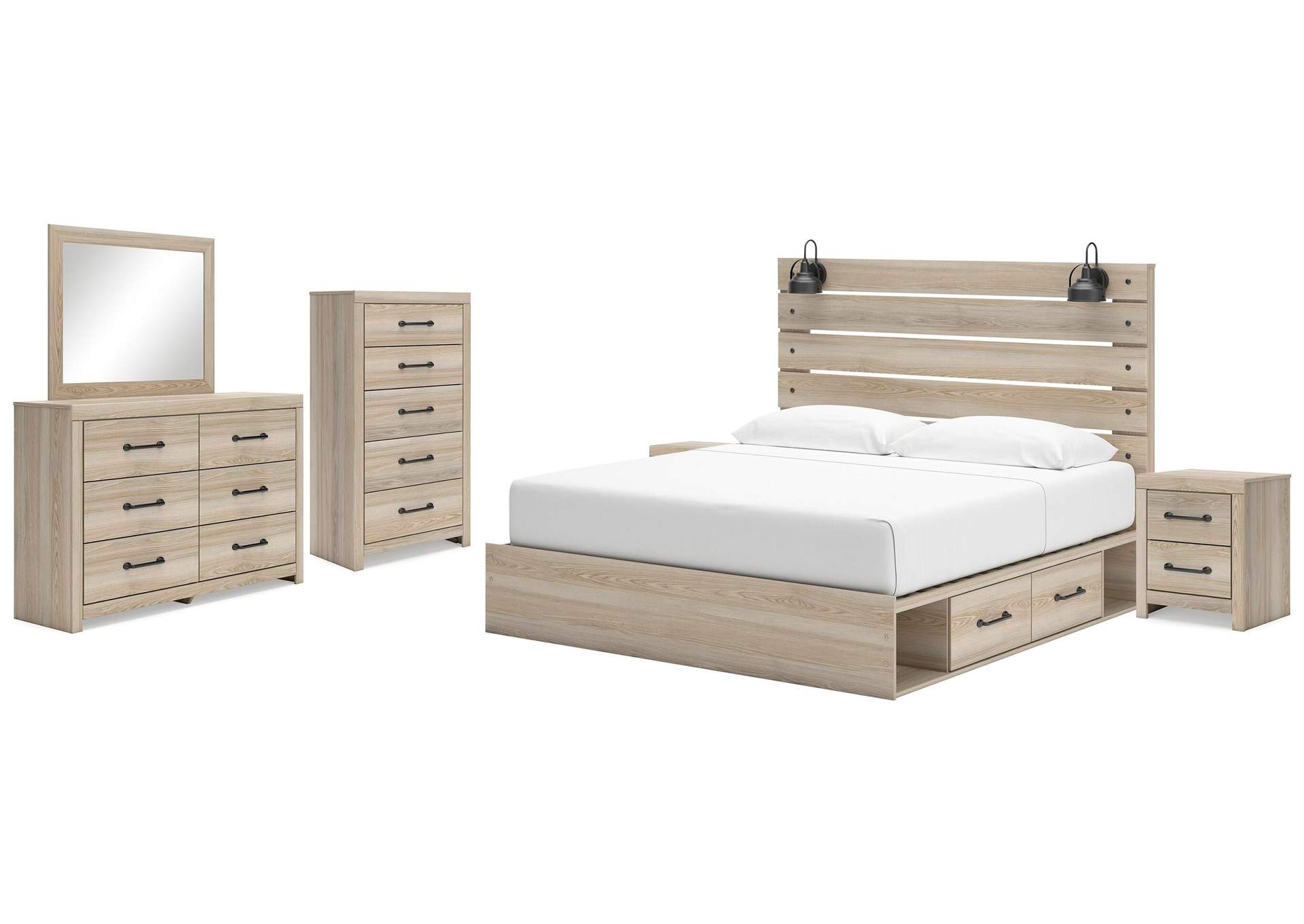 Senbry King Panel Bed with Mirrored Dresser, Chest and 2 Nightstands image 1