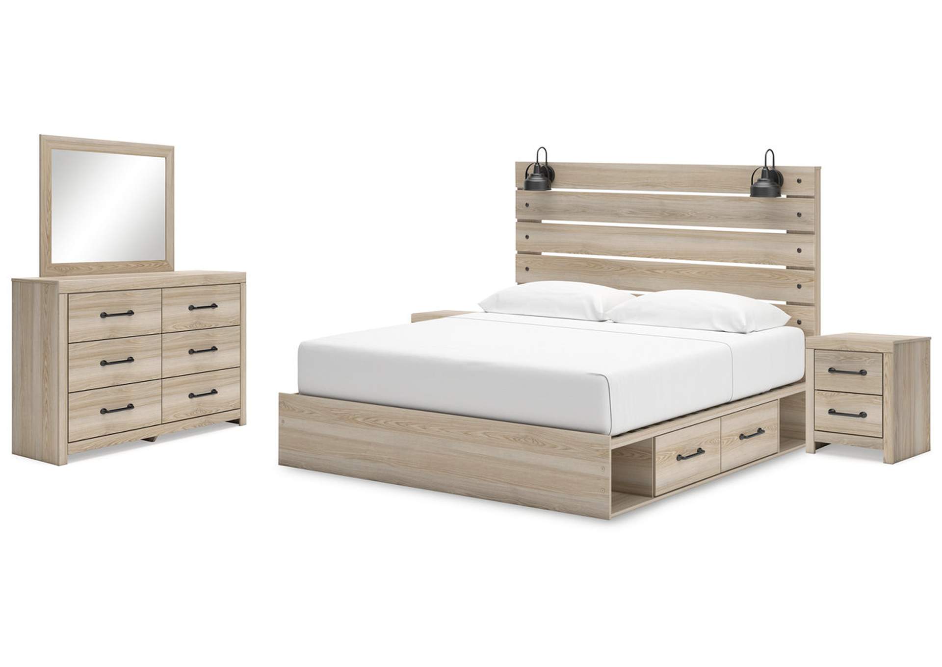 Senbry King Panel Bed with Mirrored Dresser and 2 Nightstands image 1