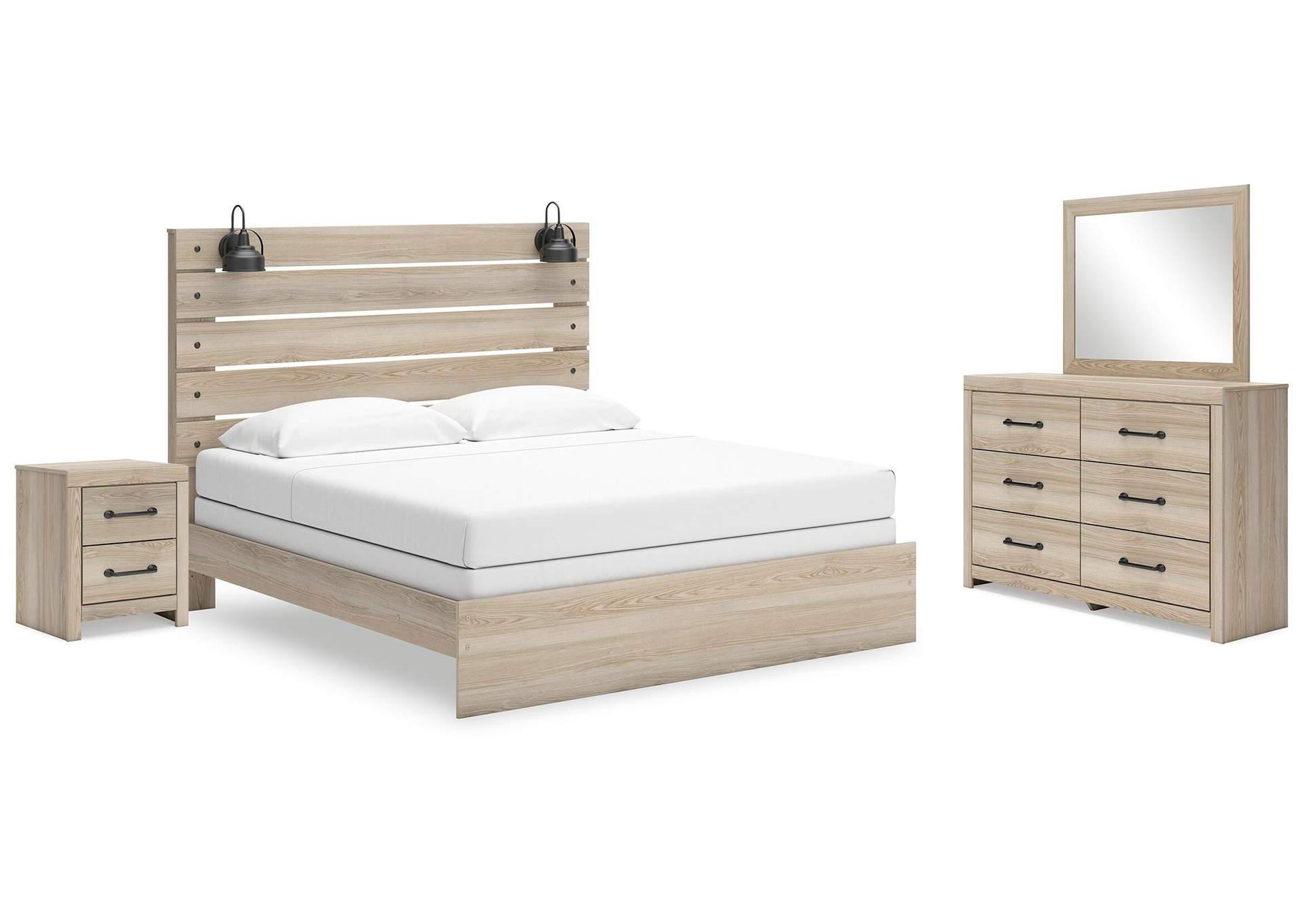 Senbry King Panel Bed with Mirrored Dresser and Nightstand image 1