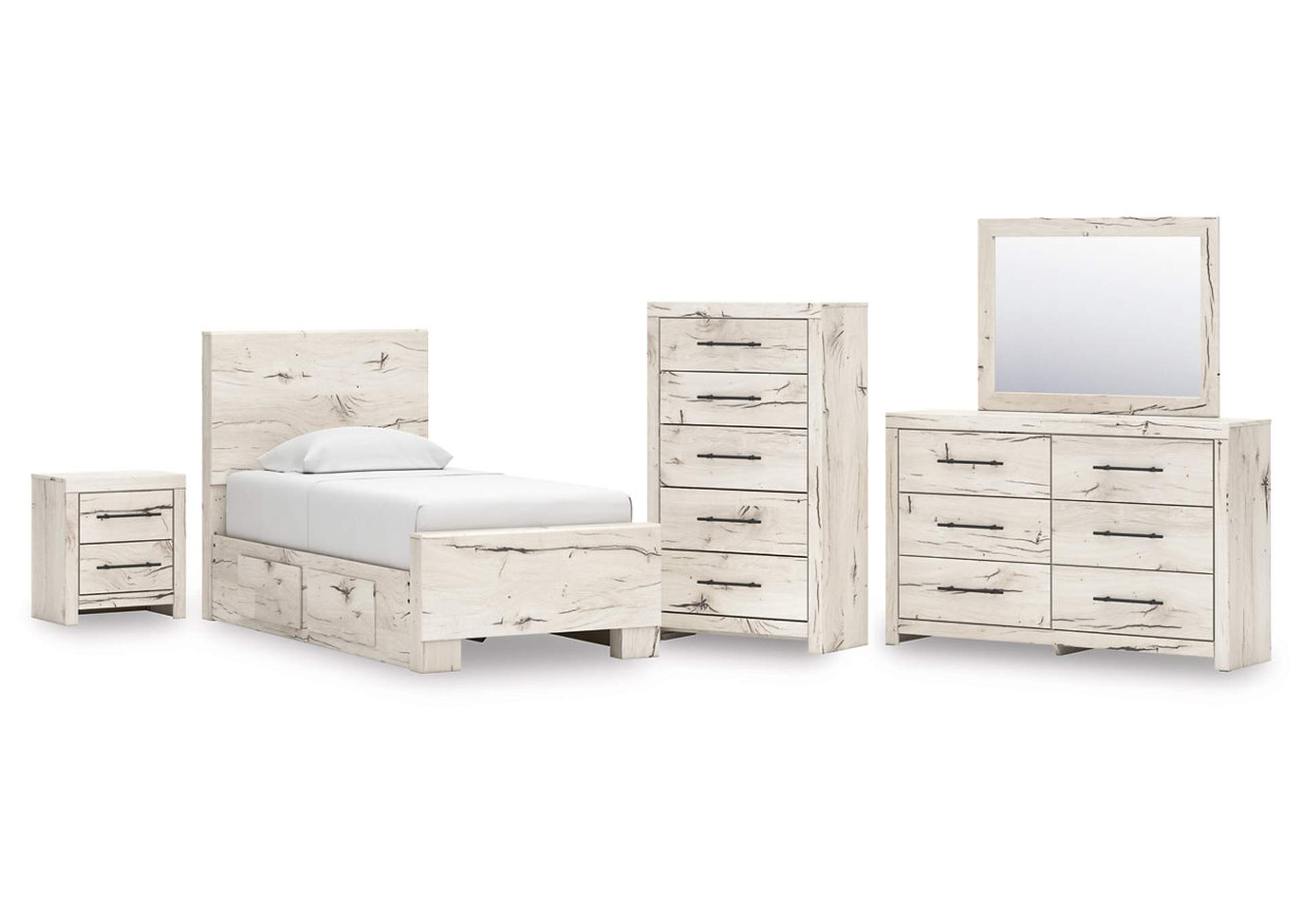 Lawroy Twin Panel Bed with Mirrored Dresser, Chest and Nightstand image 1