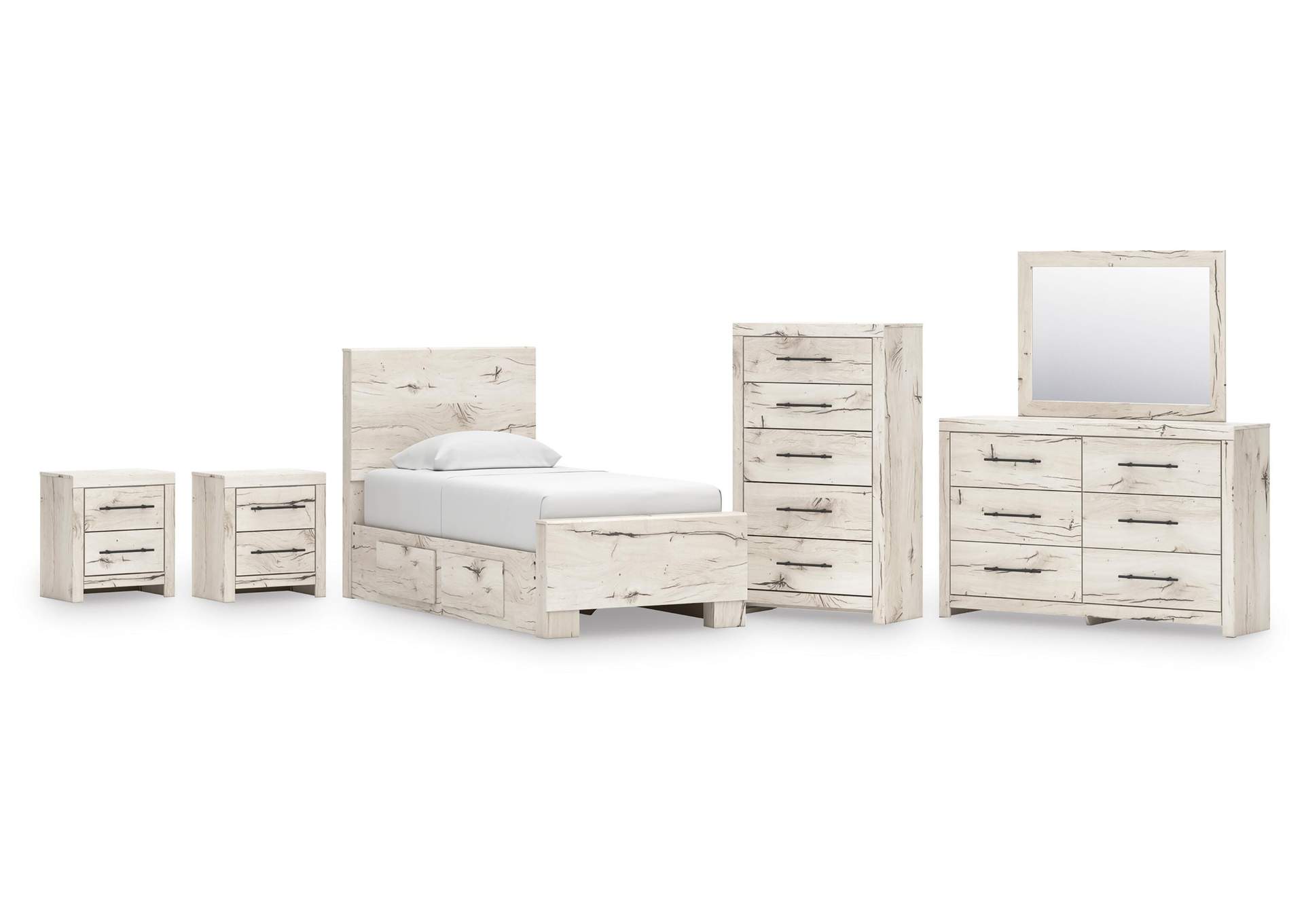 Lawroy Twin Panel Bed with Storage, Dresser, Mirror, Chest and 2 Nightstands image 1