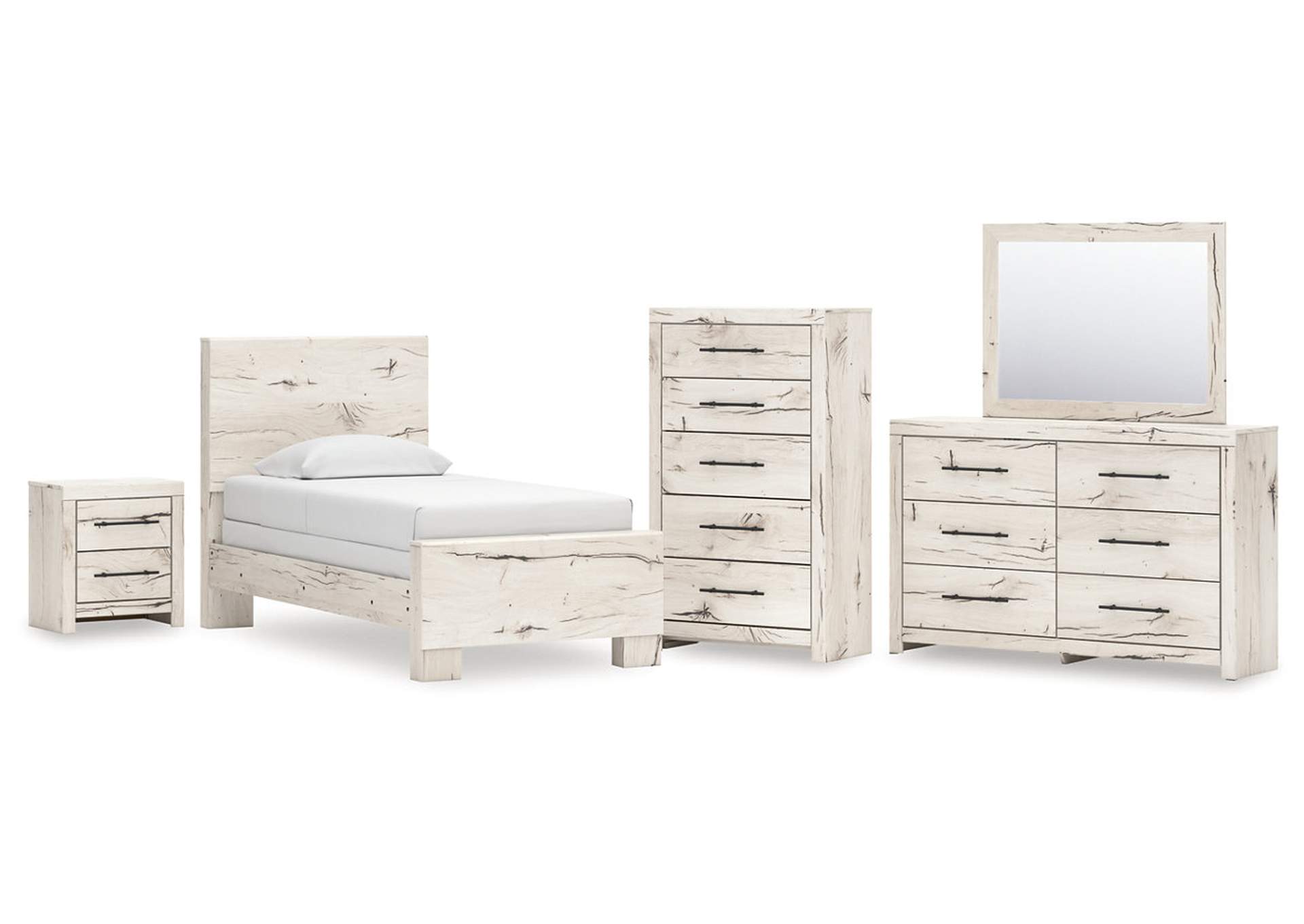 Lawroy Twin Panel Bed with Mirrored Dresser, Chest and Nightstand image 1