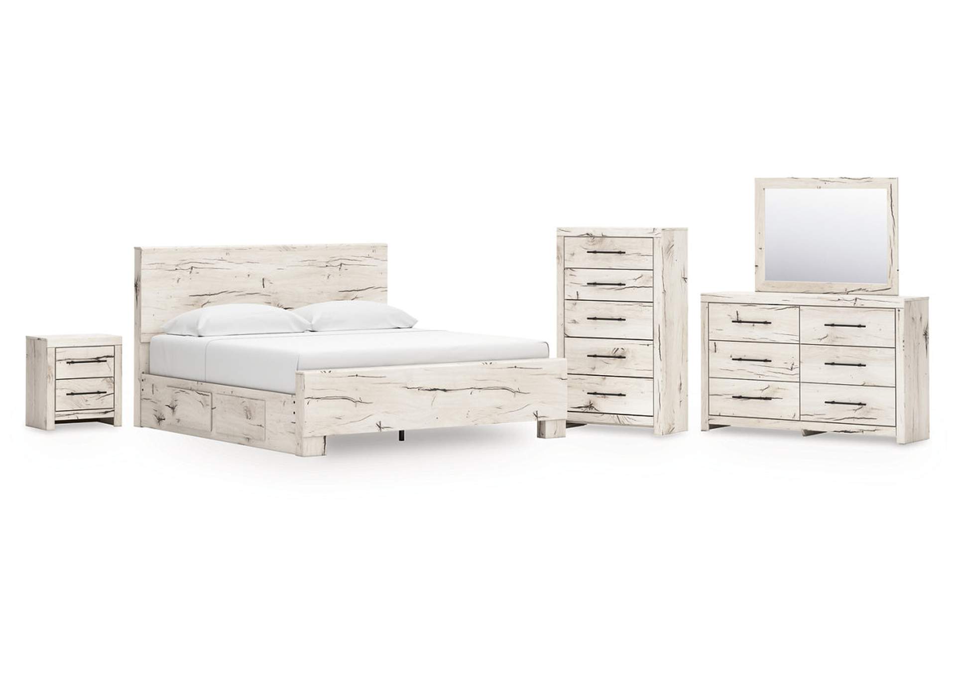 Lawroy King Panel Bed with Mirrored Dresser, Chest and Nightstand image 1