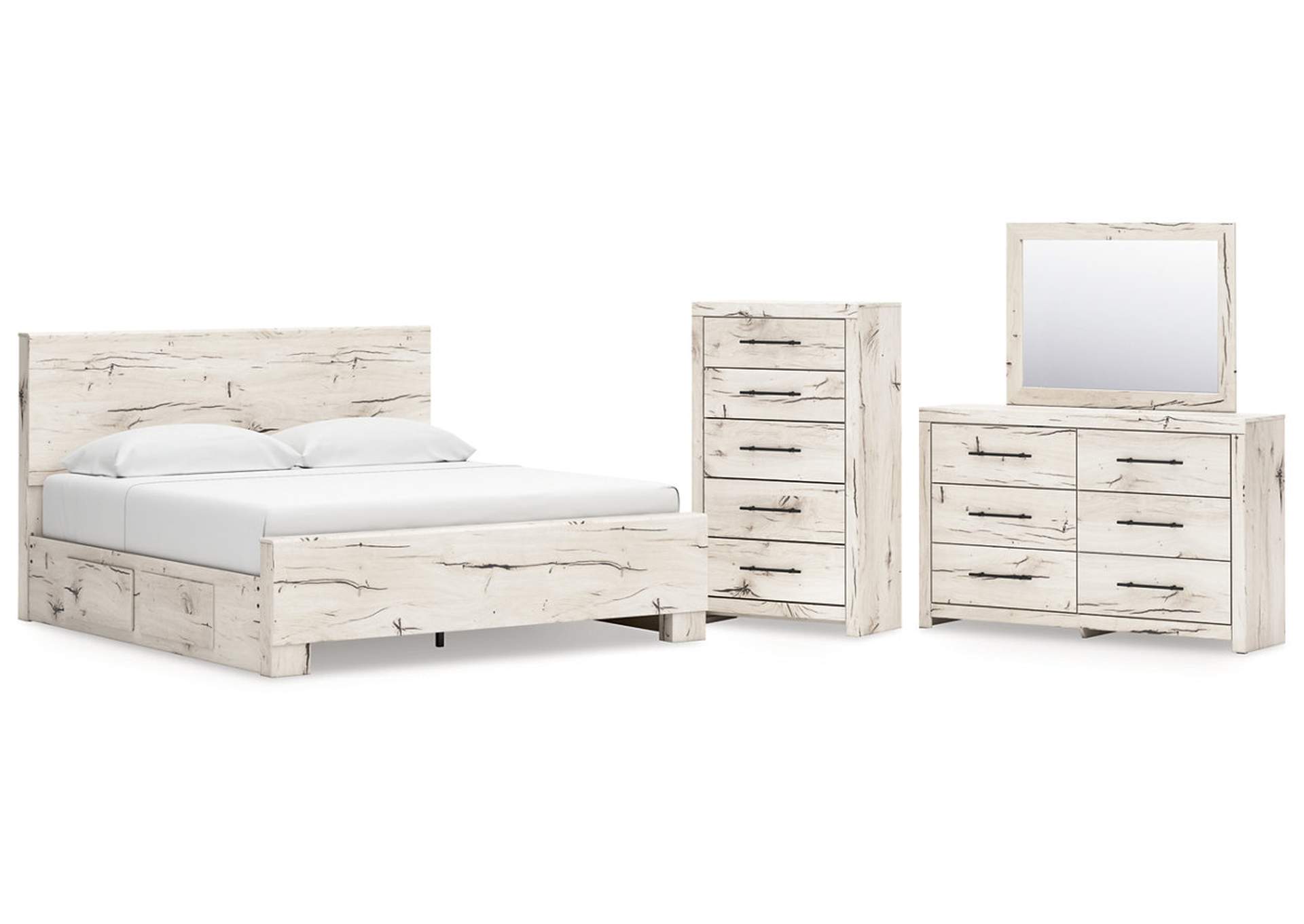 Lawroy King Panel Bed with Mirrored Dresser and Chest image 1
