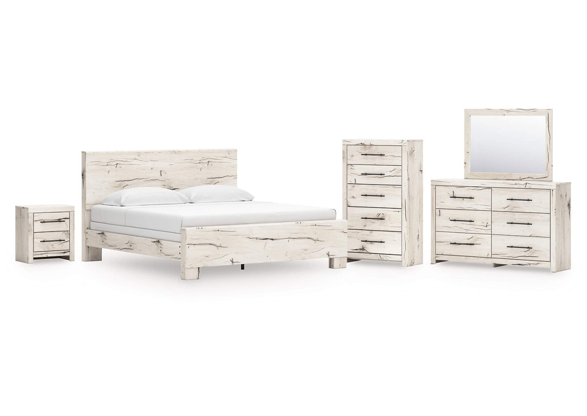 Lawroy King Panel Bed with Mirrored Dresser, Chest and Nightstand image 1