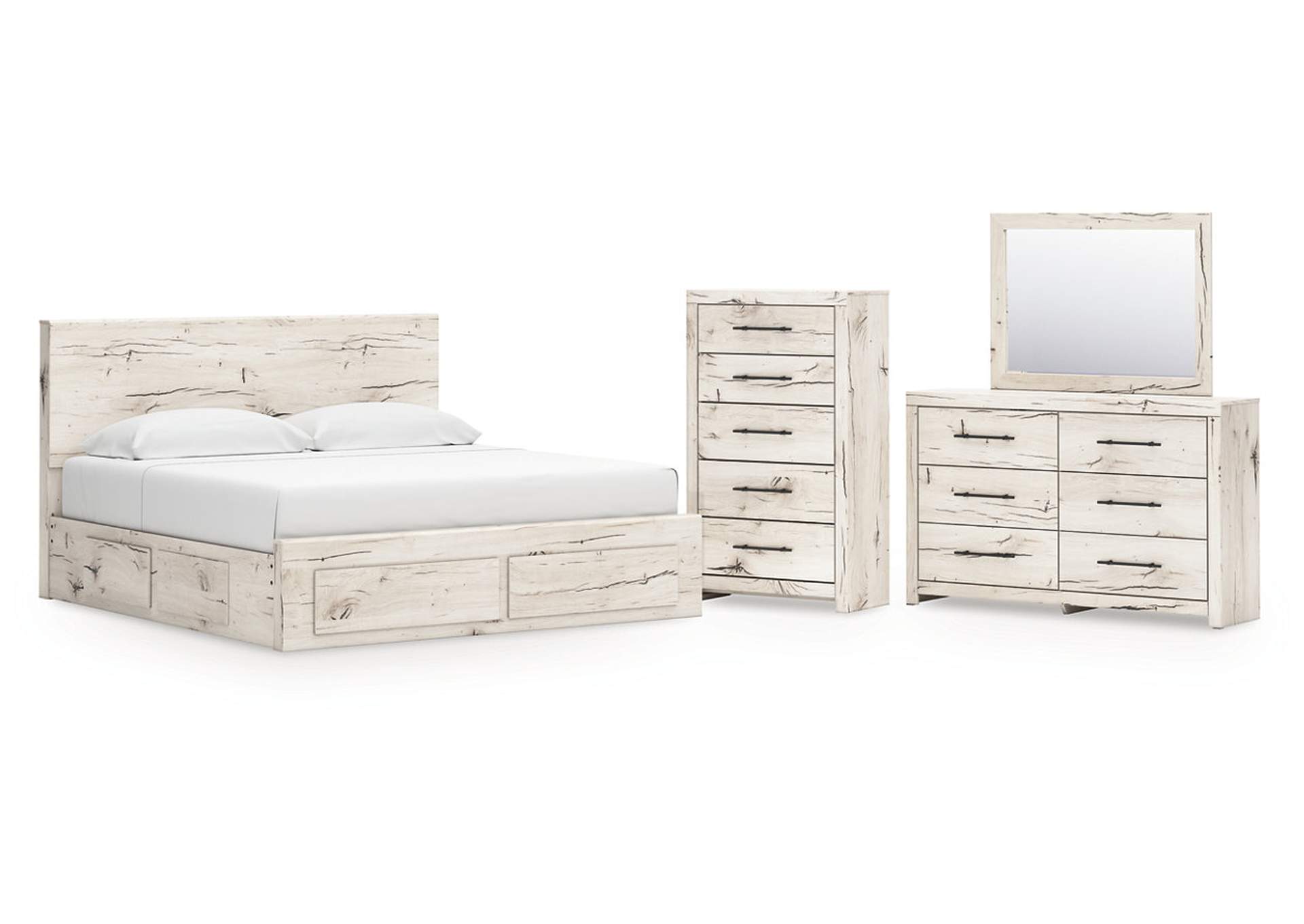 Lawroy King Panel Storage Bed with Mirrored Dresser and Chest image 1