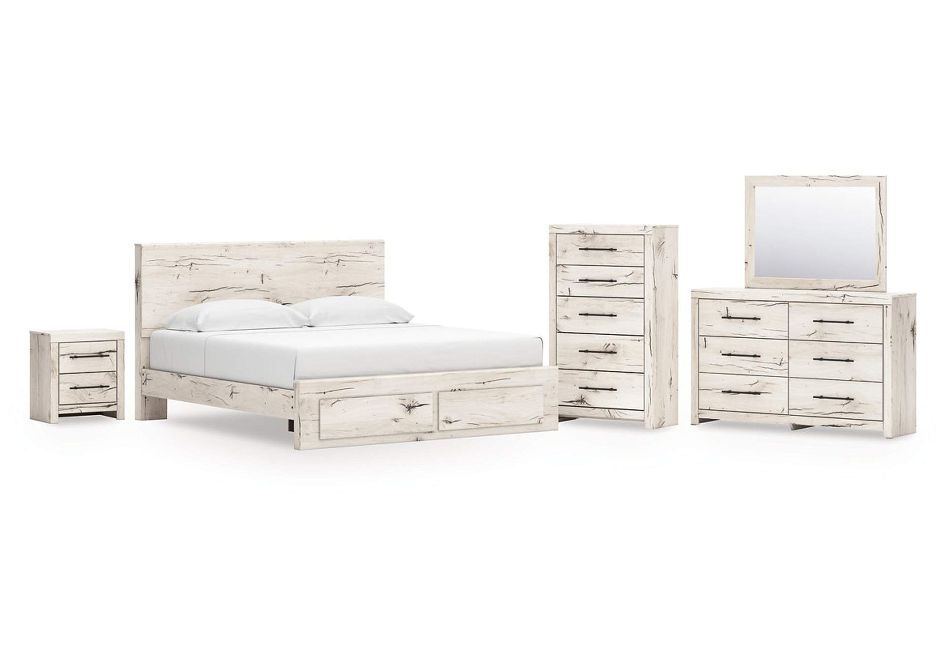 Lawroy King Panel Storage Bed with Mirrored Dresser, Chest and Nightstand image 1