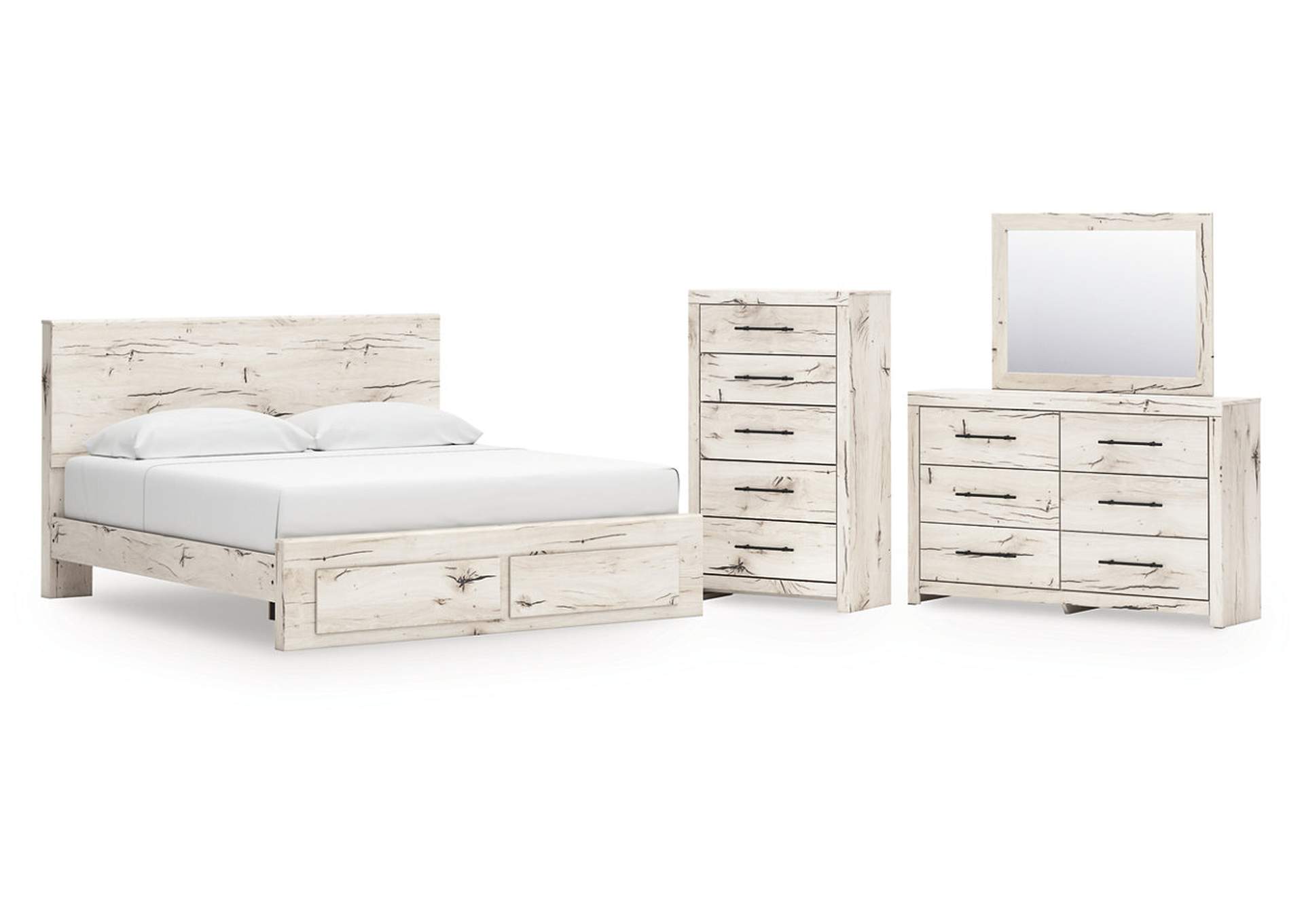 Lawroy King Panel Storage Bed with Mirrored Dresser and Chest image 1