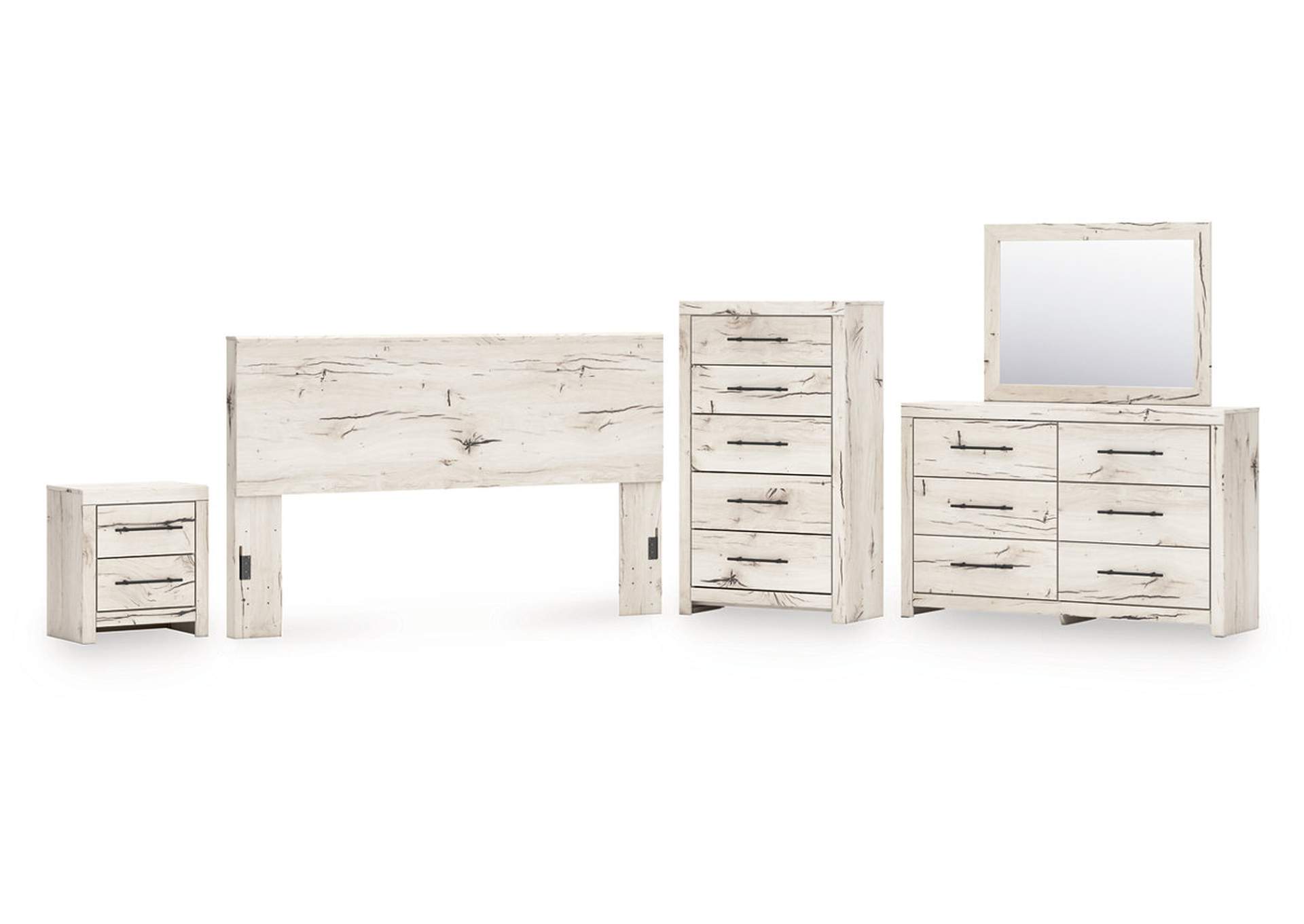 Lawroy King Panel Headboard with Mirrored Dresser, Chest and Nightstand image 1