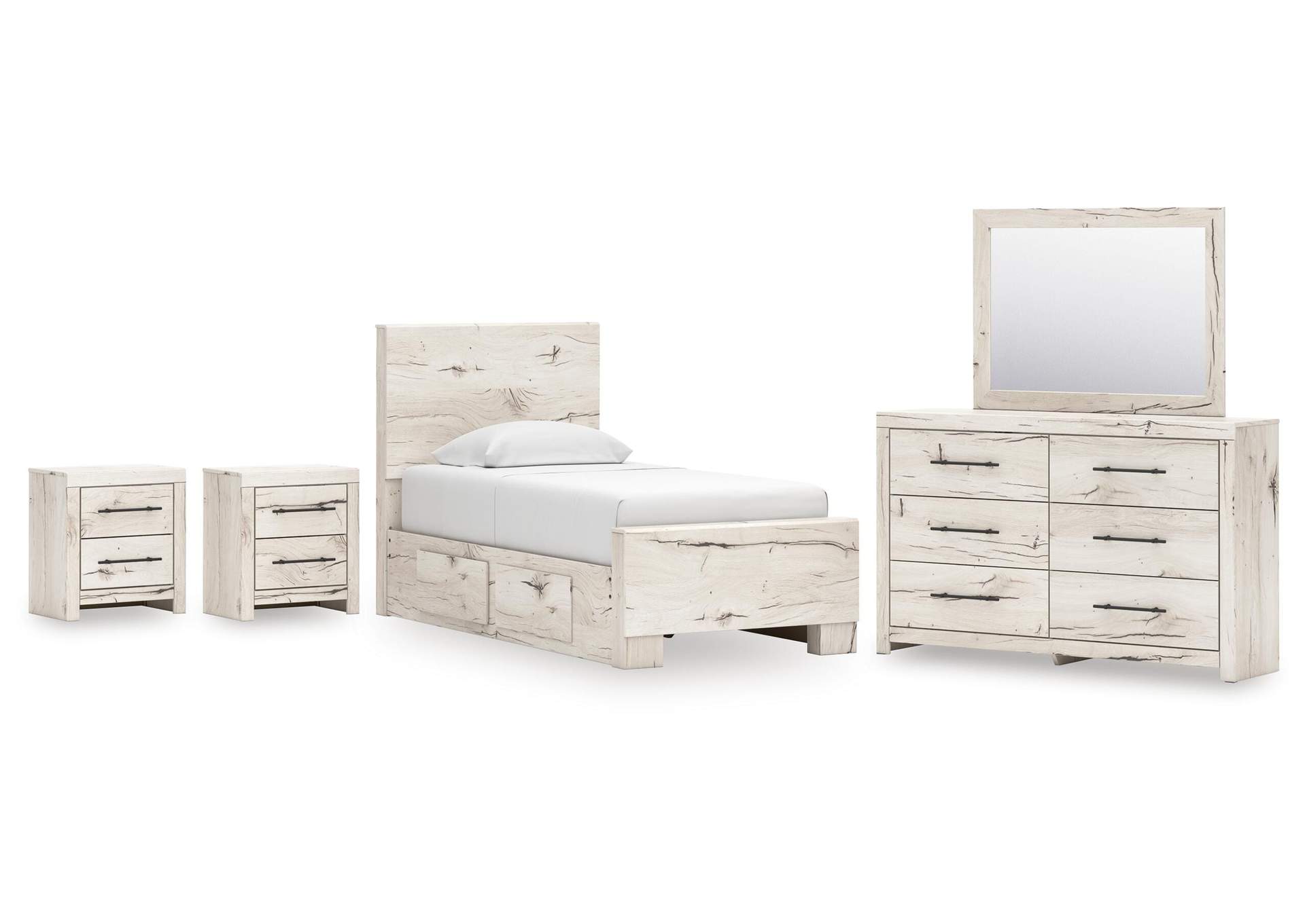 Lawroy Twin Panel Bed with Storage, Dresser, Mirror and 2 Nightstands image 1