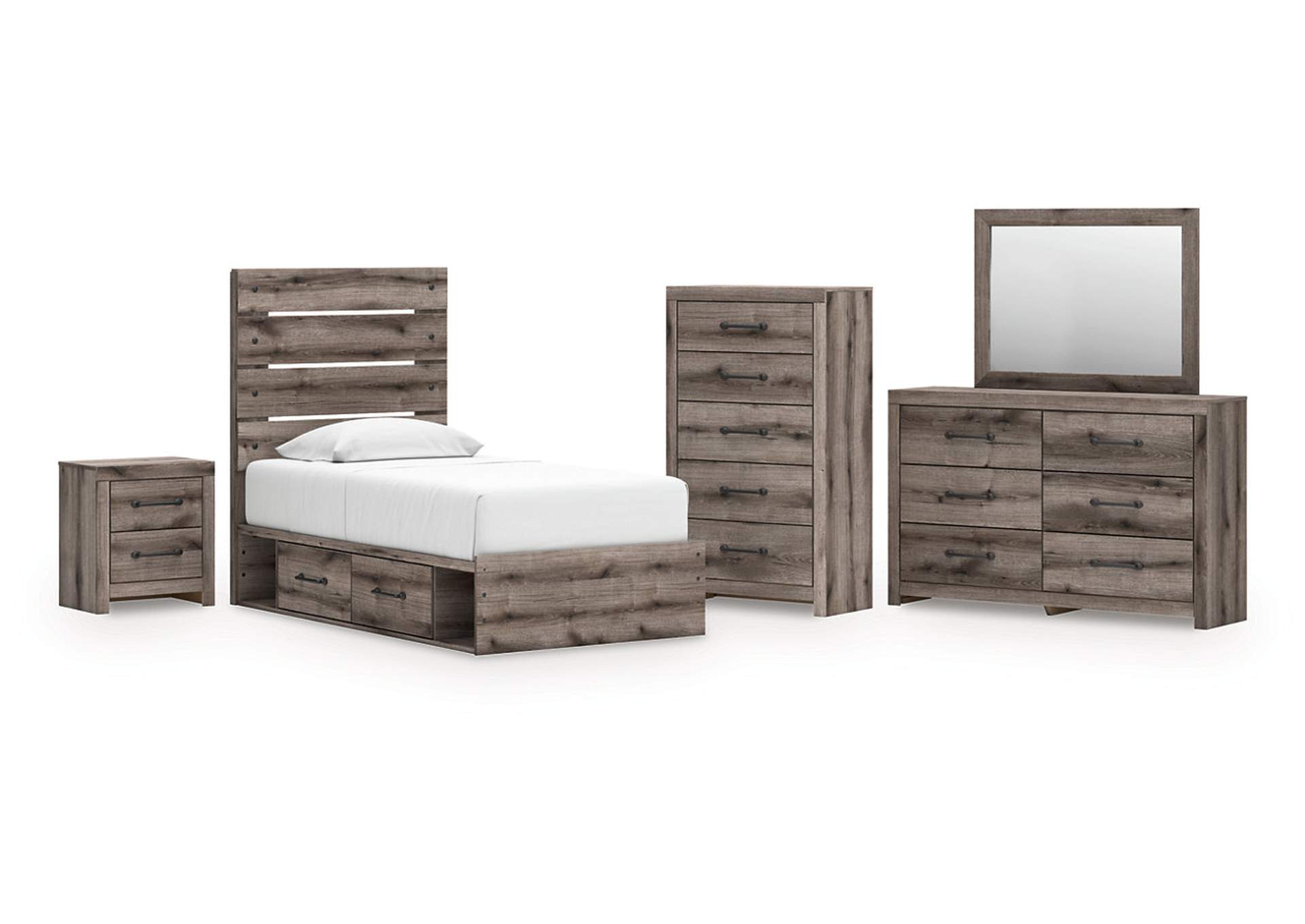 Urbanoore Twin Panel Bed with Storage with Mirrored Dresser, Chest and Nightstand image 1