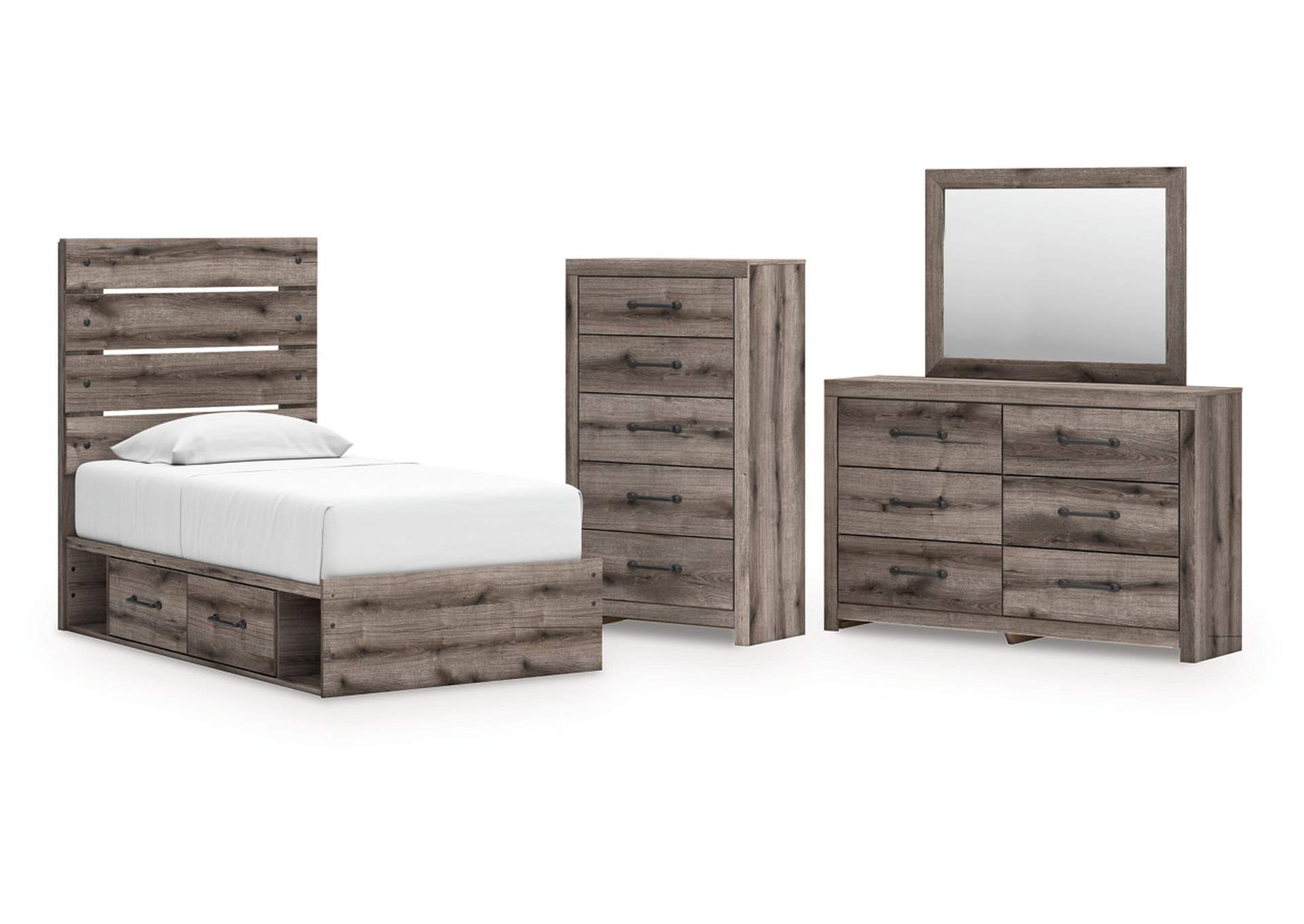 Urbanoore Twin Panel Bed with Storage with Mirrored Dresser and Chest image 1