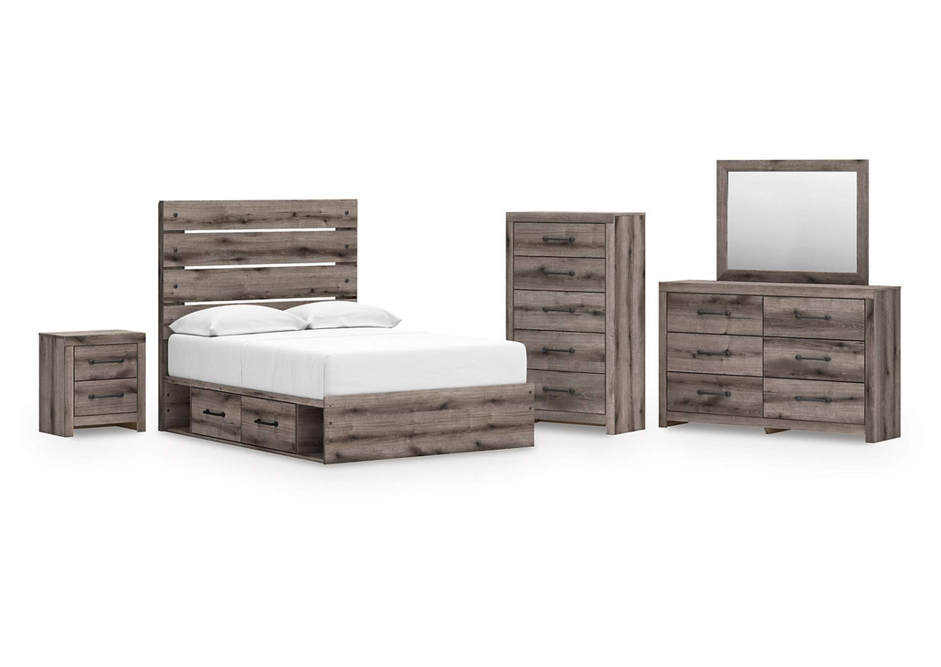 Urbanoore Full Panel Bed with Storage with Mirrored Dresser, Chest and Nightstand image 1