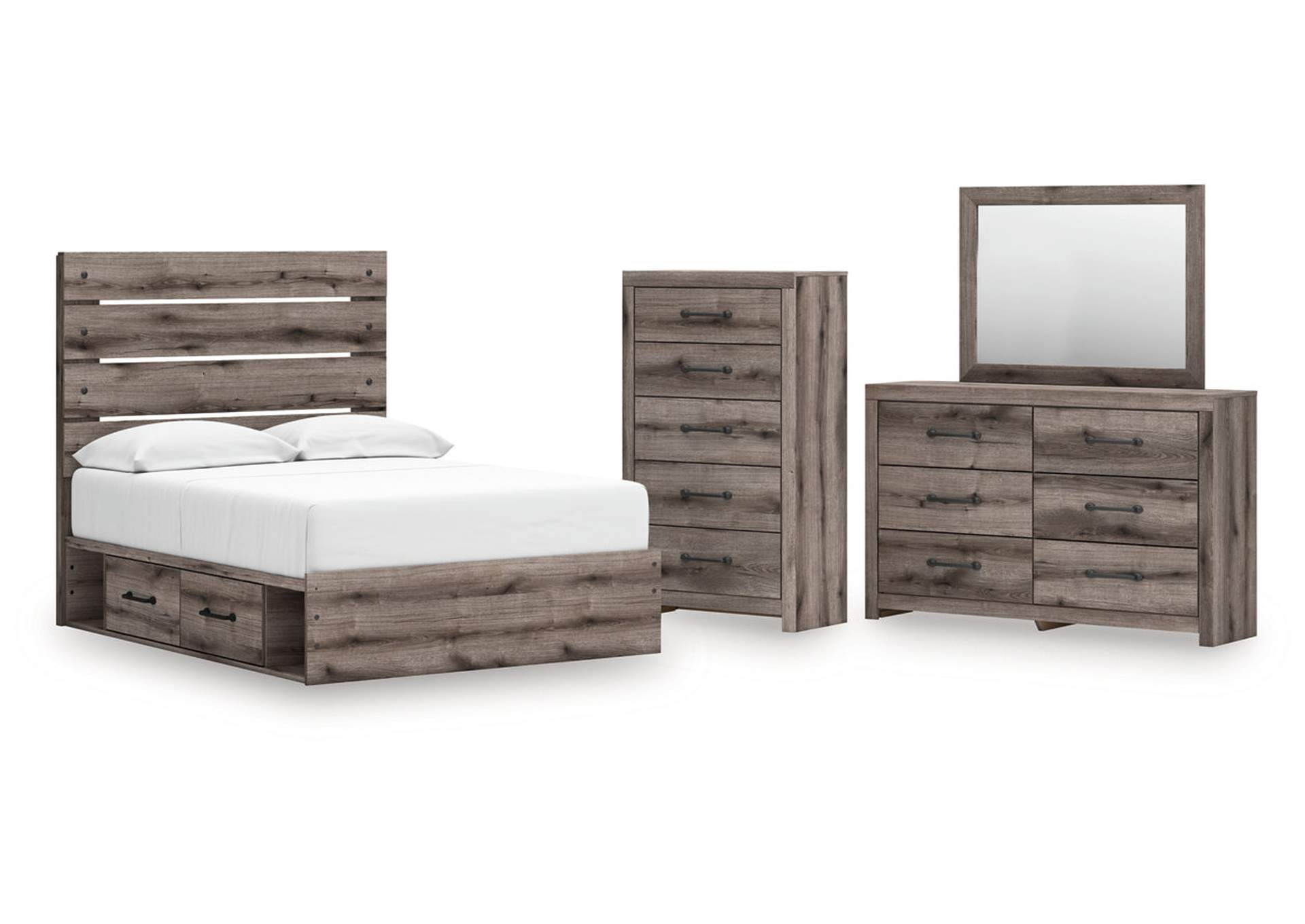 Urbanoore Full Panel Bed with Storage with Mirrored Dresser and Chest image 1