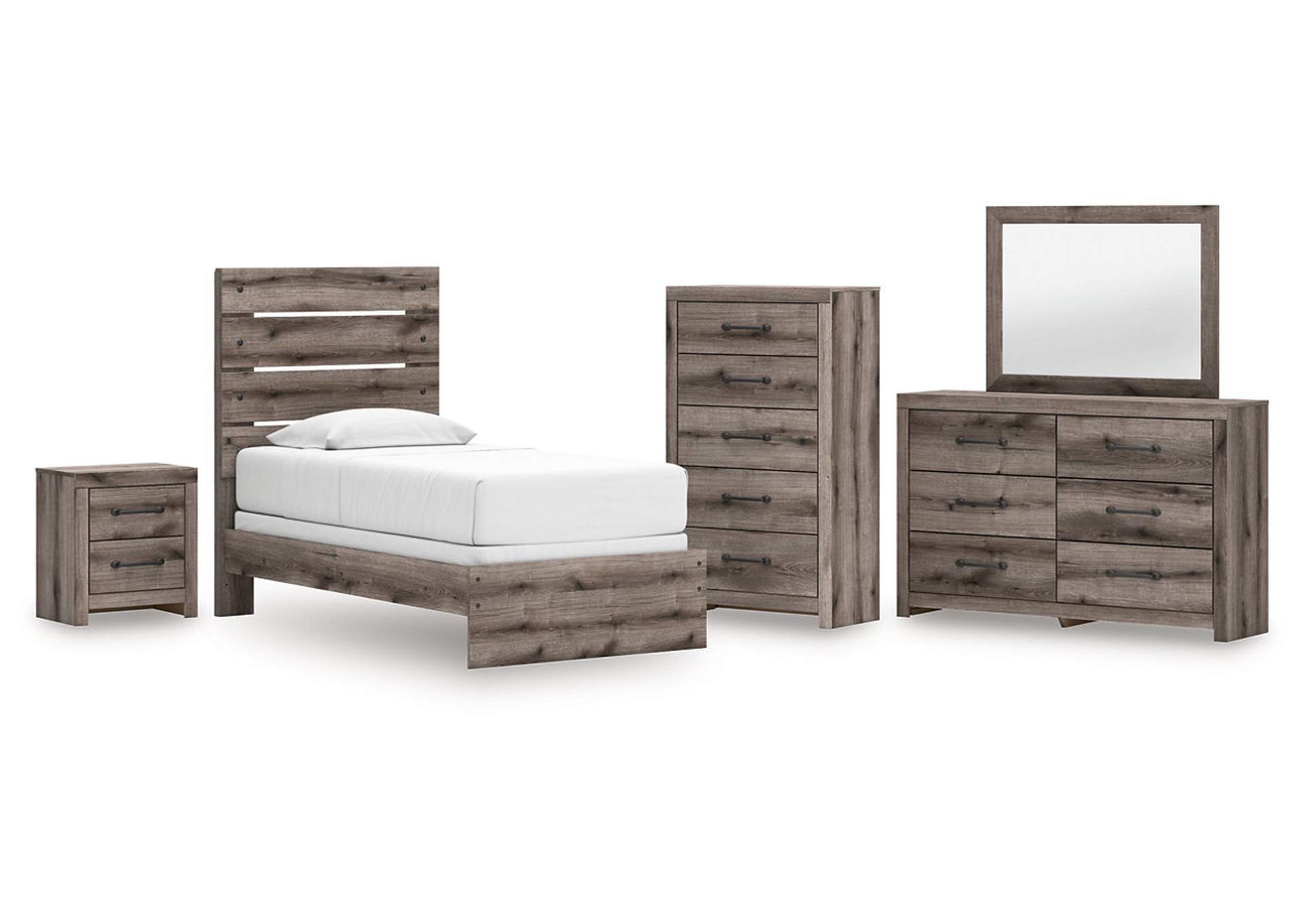 Urbanoore Twin Panel Bed with Mirrored Dresser, Chest and Nightstand image 1