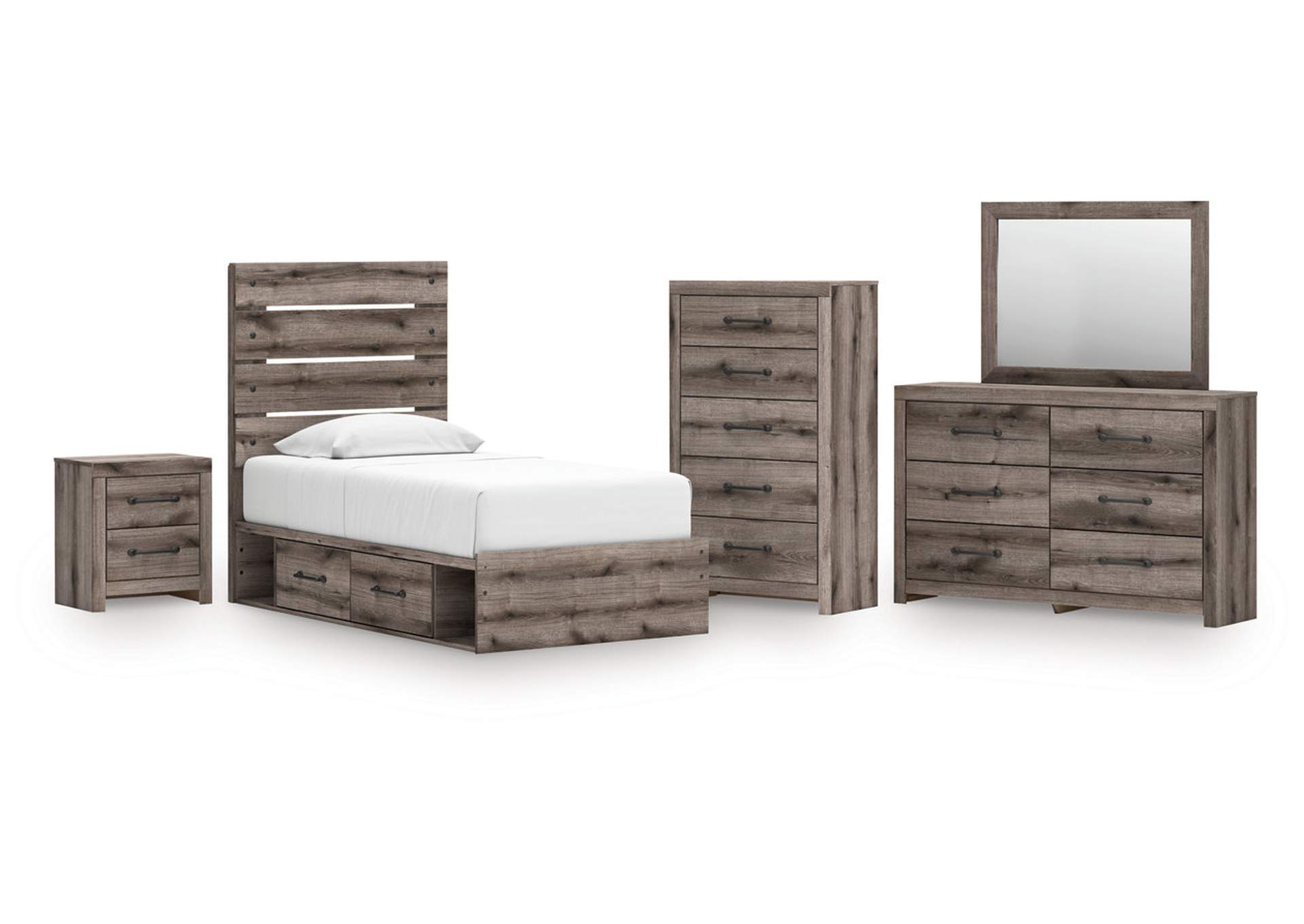 Urbanoore Twin Panel Storage Bed with Mirrored Dresser, Chest and Nightstand image 1