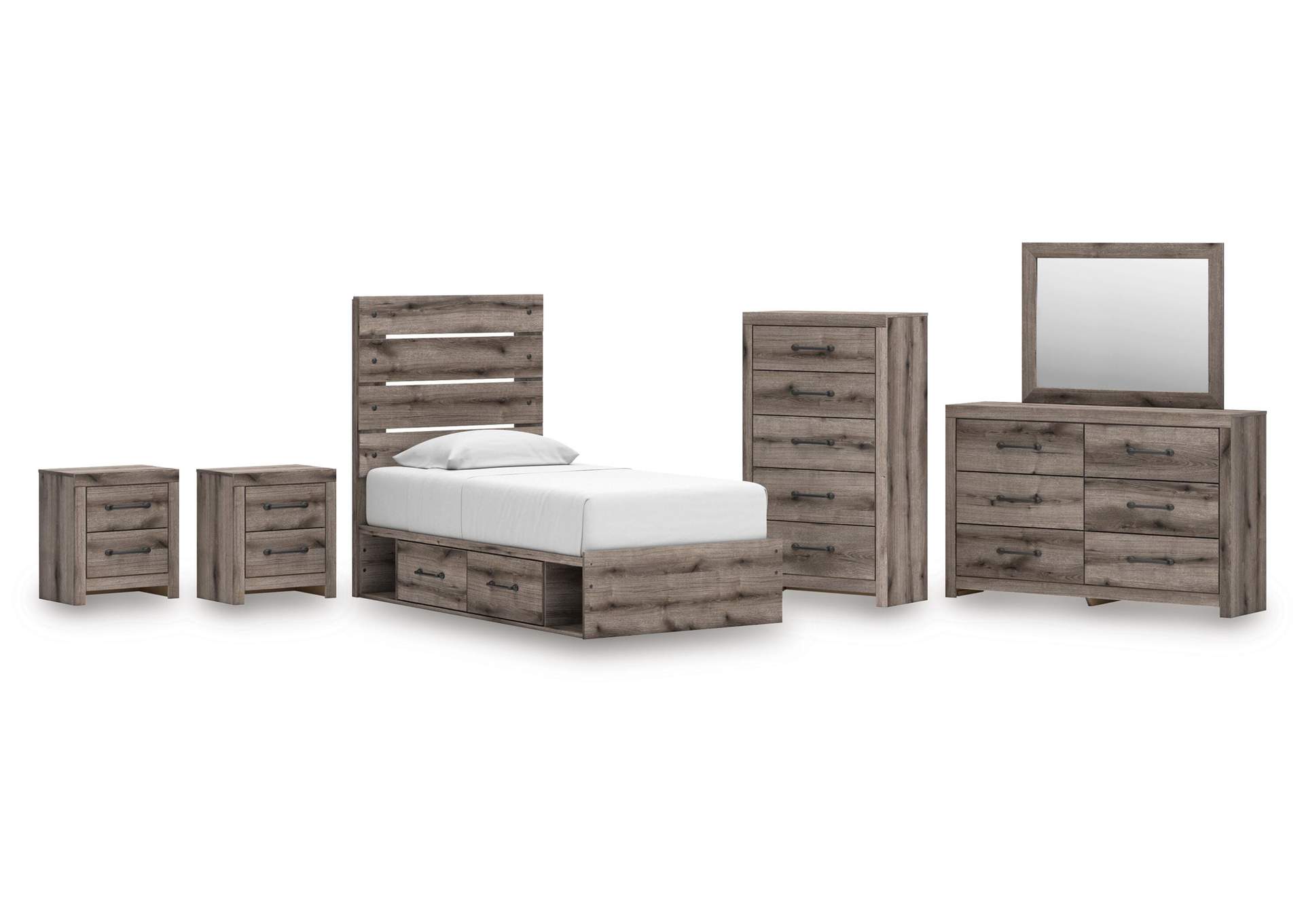 Urbanoore Twin Panel Storage Bed, Dresser, Mirror, Chest and 2 Nightstands image 1