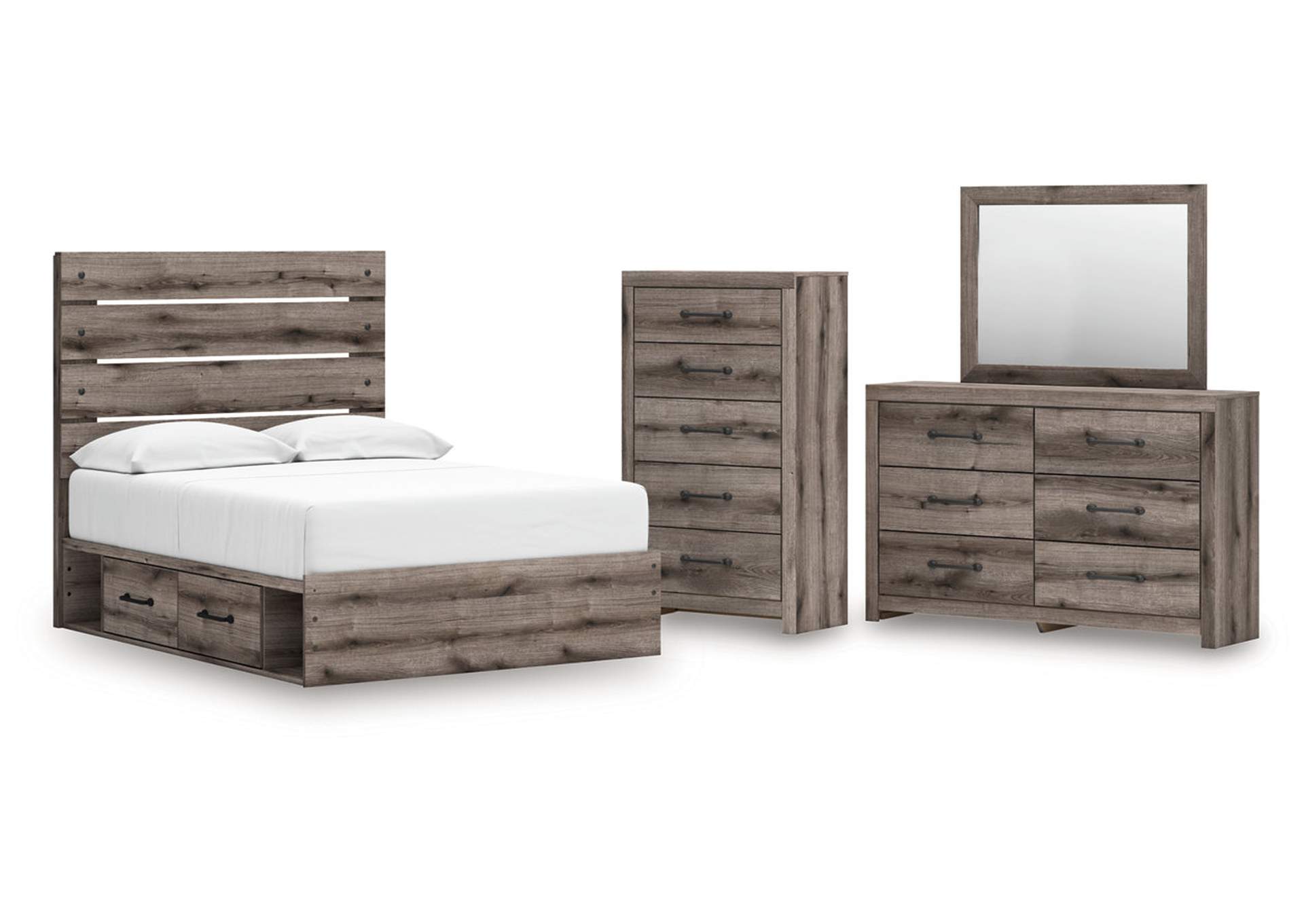 Urbanoore Full Panel Bed with Storage with Mirrored Dresser and Chest image 1