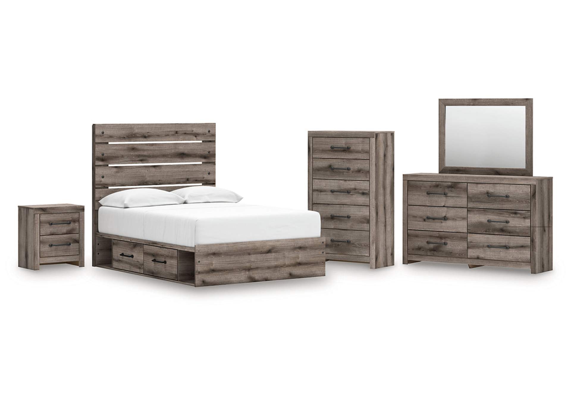 Urbanoore Full Panel Bed with Storage with Mirrored Dresser, Chest and Nightstand image 1