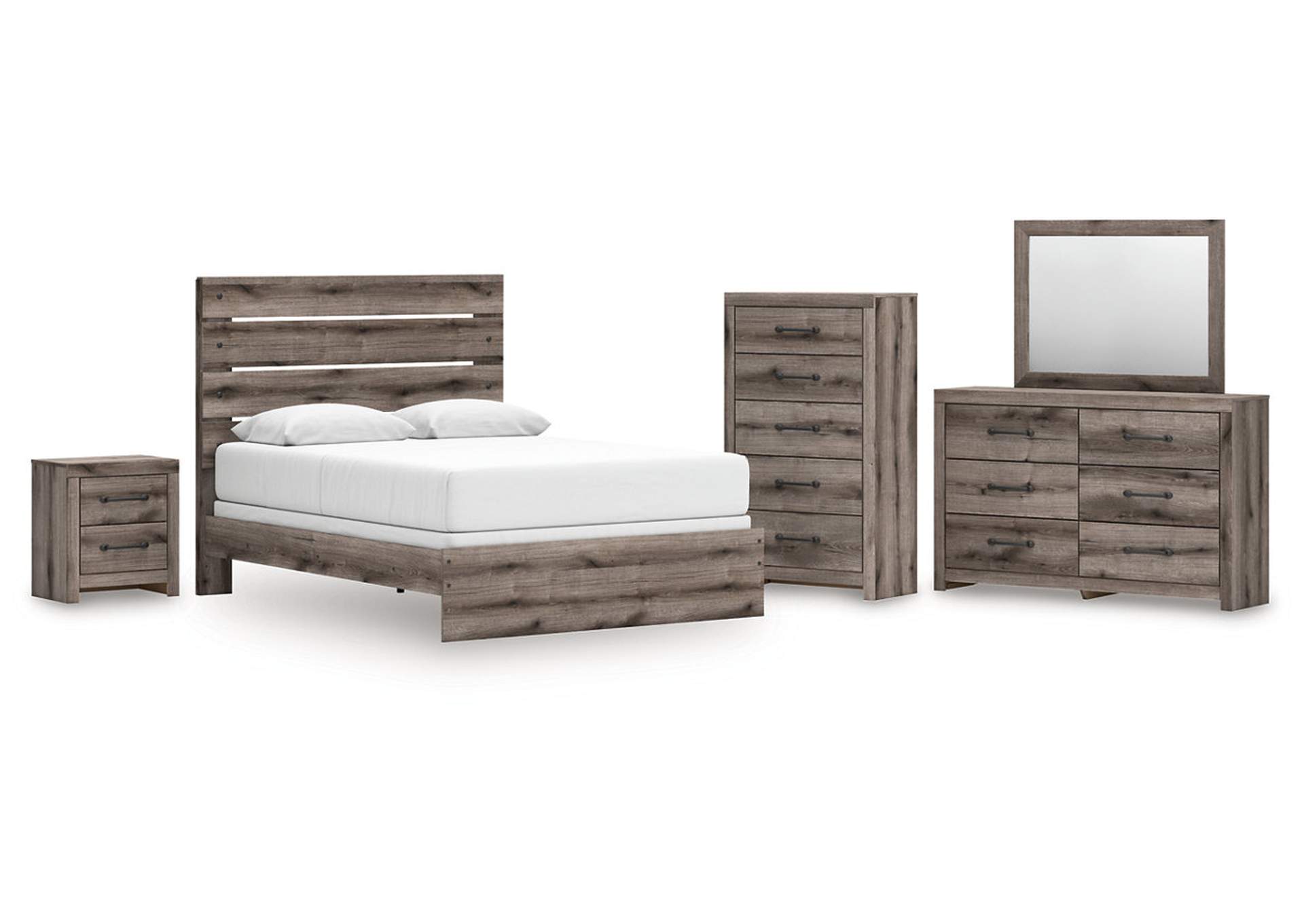 Urbanoore Queen Panel Bed with Mirrored Dresser, Chest and Nightstand image 1