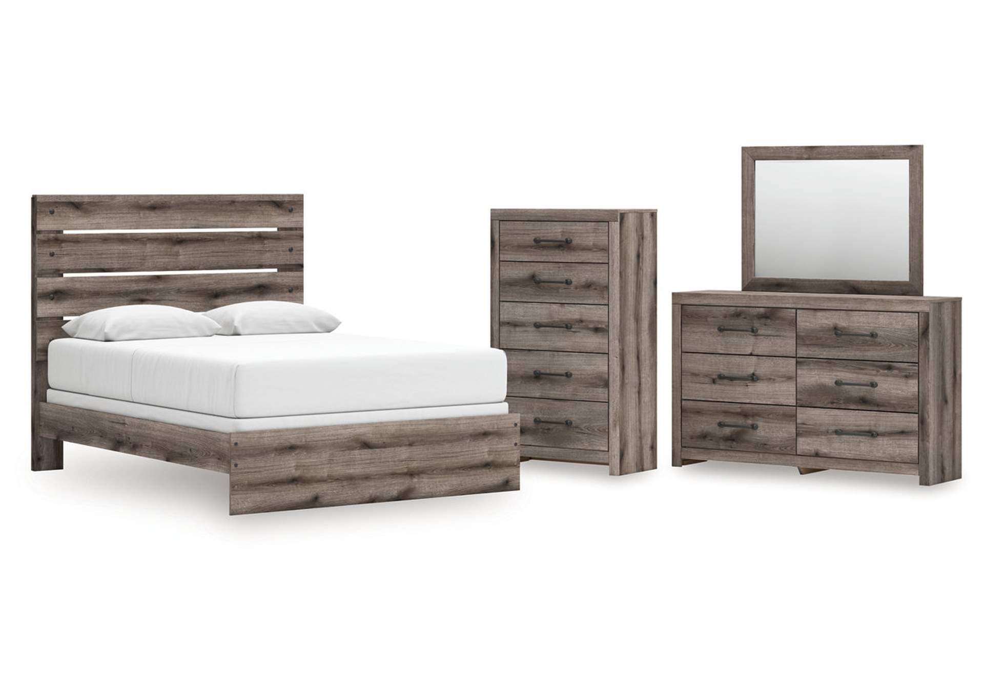 Urbanoore Queen Panel Bed with Mirrored Dresser and Chest image 1