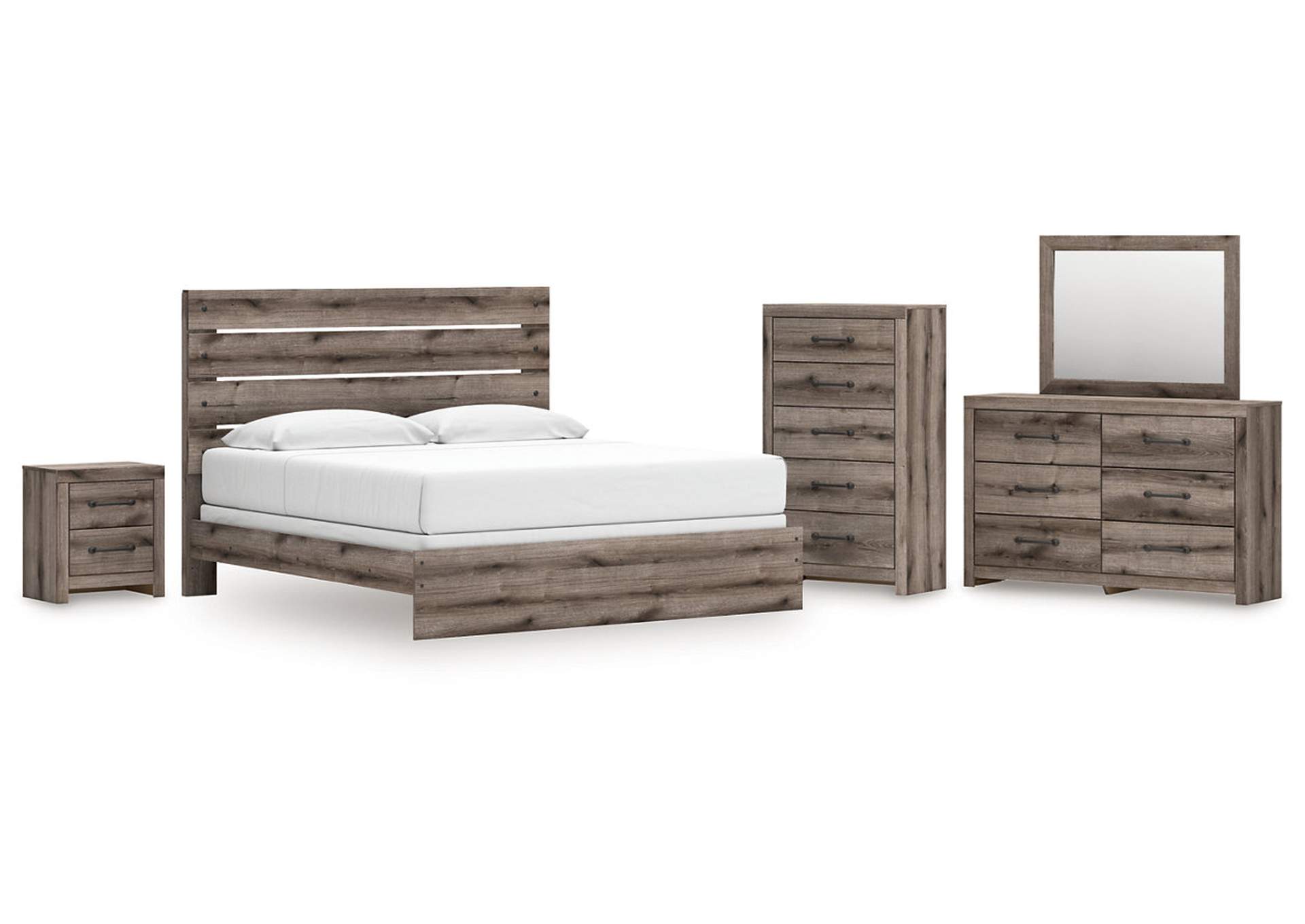 Urbanoore King Panel Bed with Mirrored Dresser, Chest and Nightstand image 1