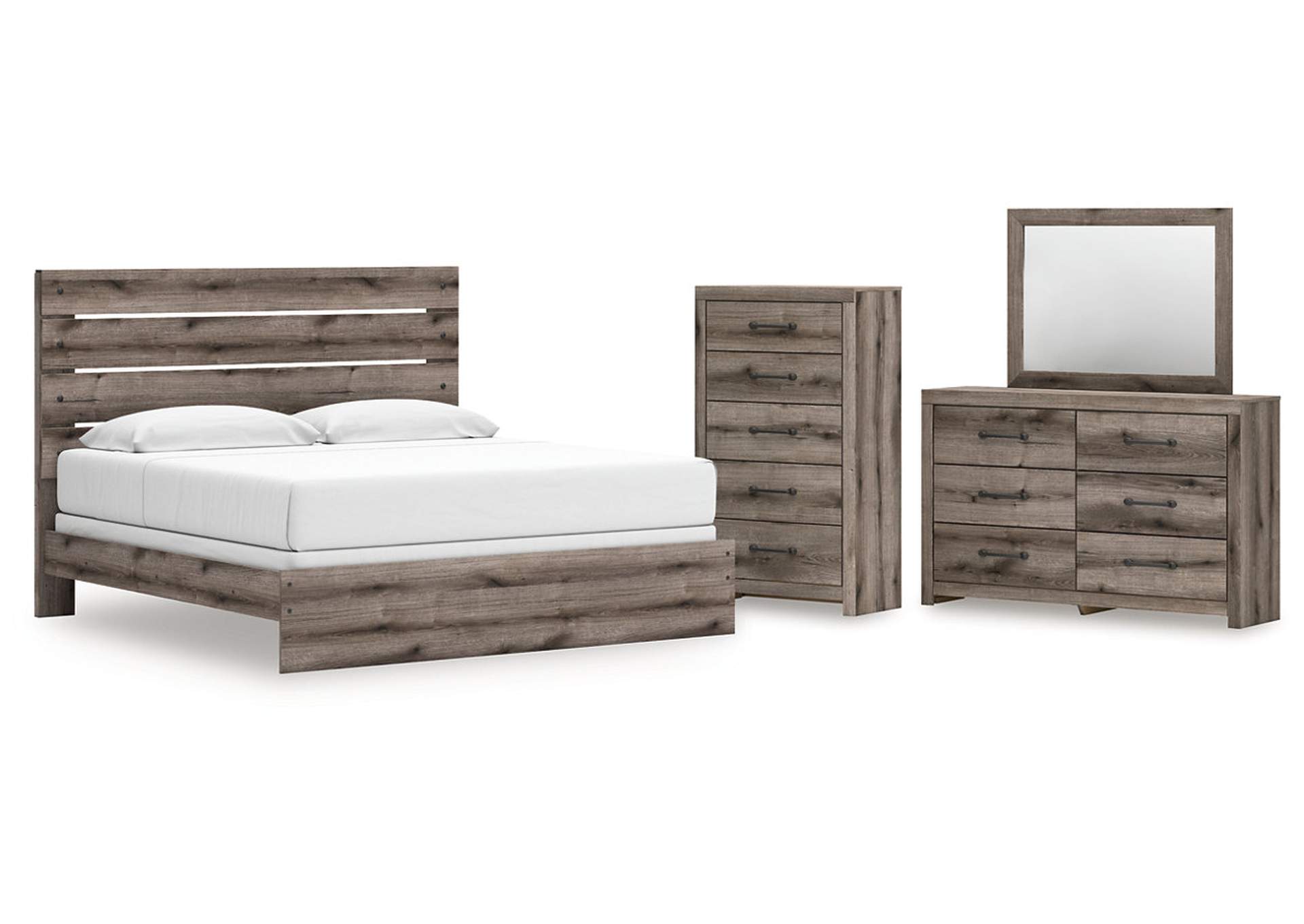 Urbanoore King Panel Bed with Mirrored Dresser and Chest image 1