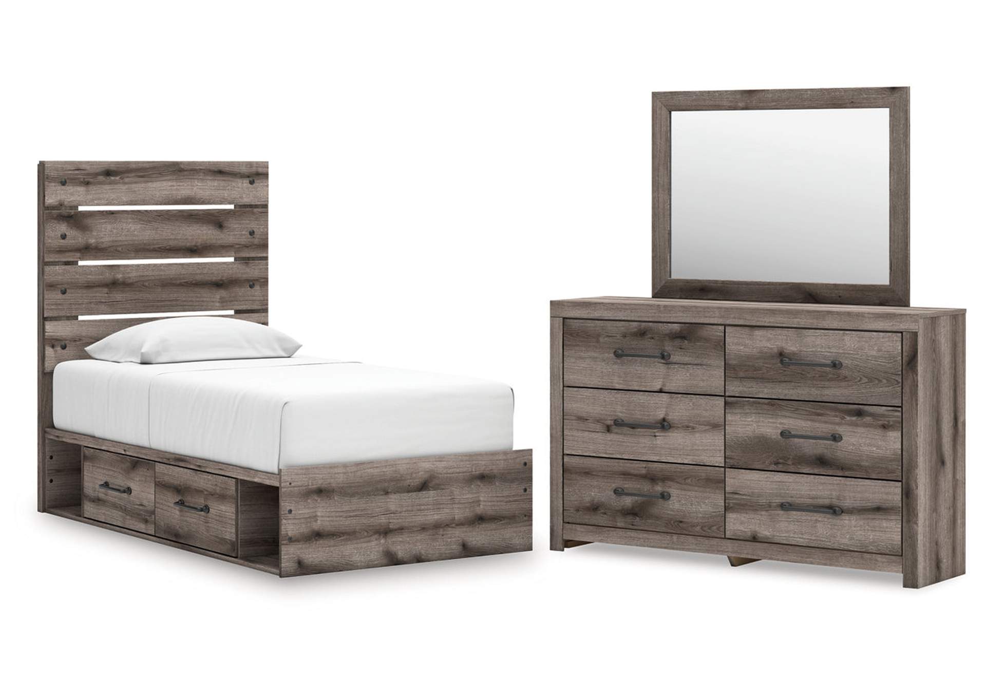 Urbanoore Twin Panel Bed with Storage with Mirrored Dresser image 1