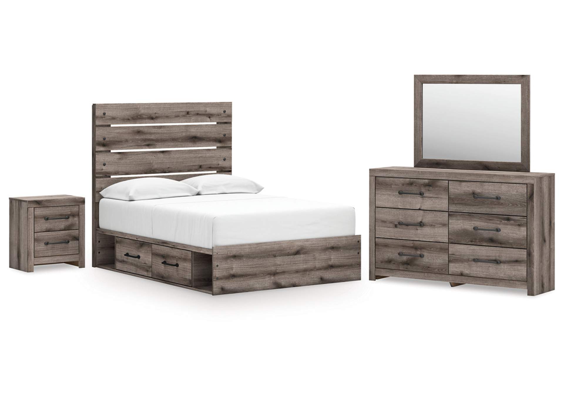 Urbanoore Full Panel Bed with Storage with Mirrored Dresser and Nightstand image 1