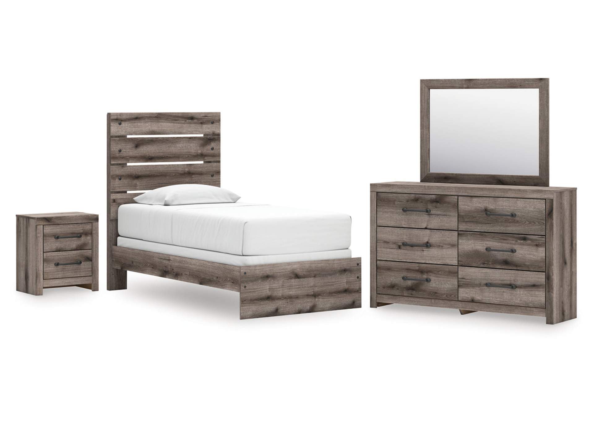 Urbanoore Twin Panel Bed with Mirrored Dresser and Nightstand image 1