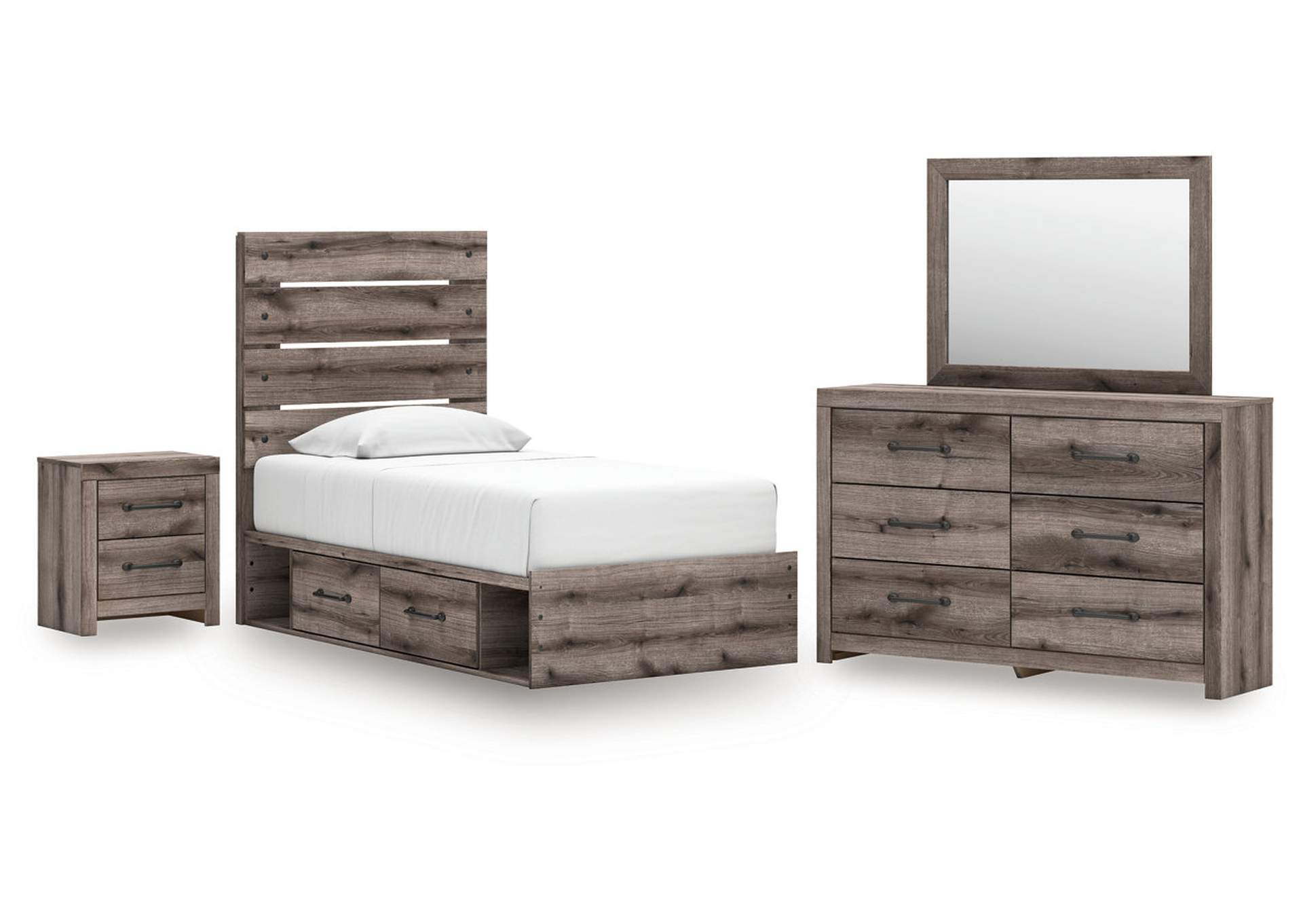 Urbanoore Twin Panel Storage Bed with Mirrored Dresser and Nightstand image 1
