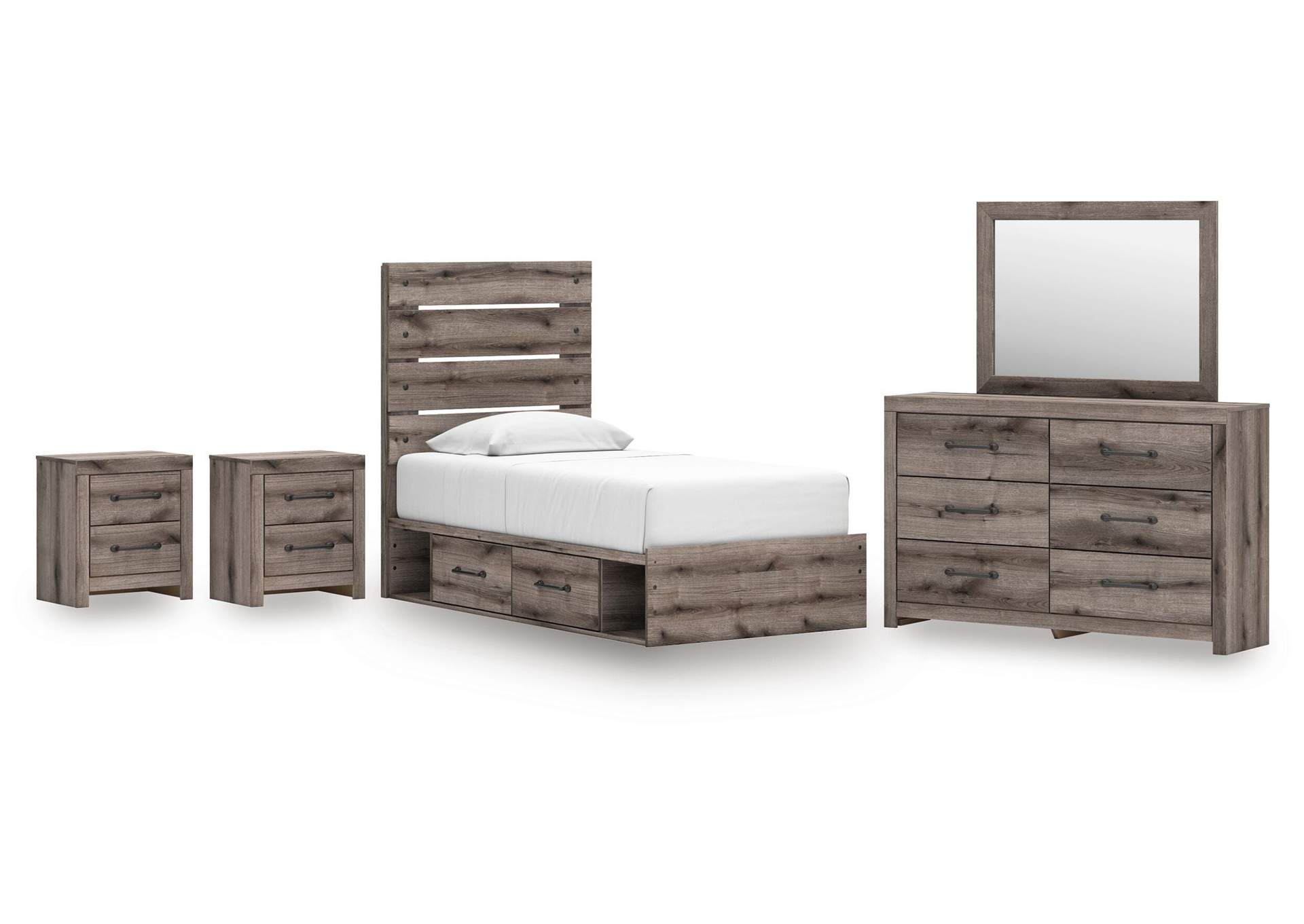 Urbanoore Twin Panel Storage Bed, Dresser, Mirror and 2 Nightstands image 1