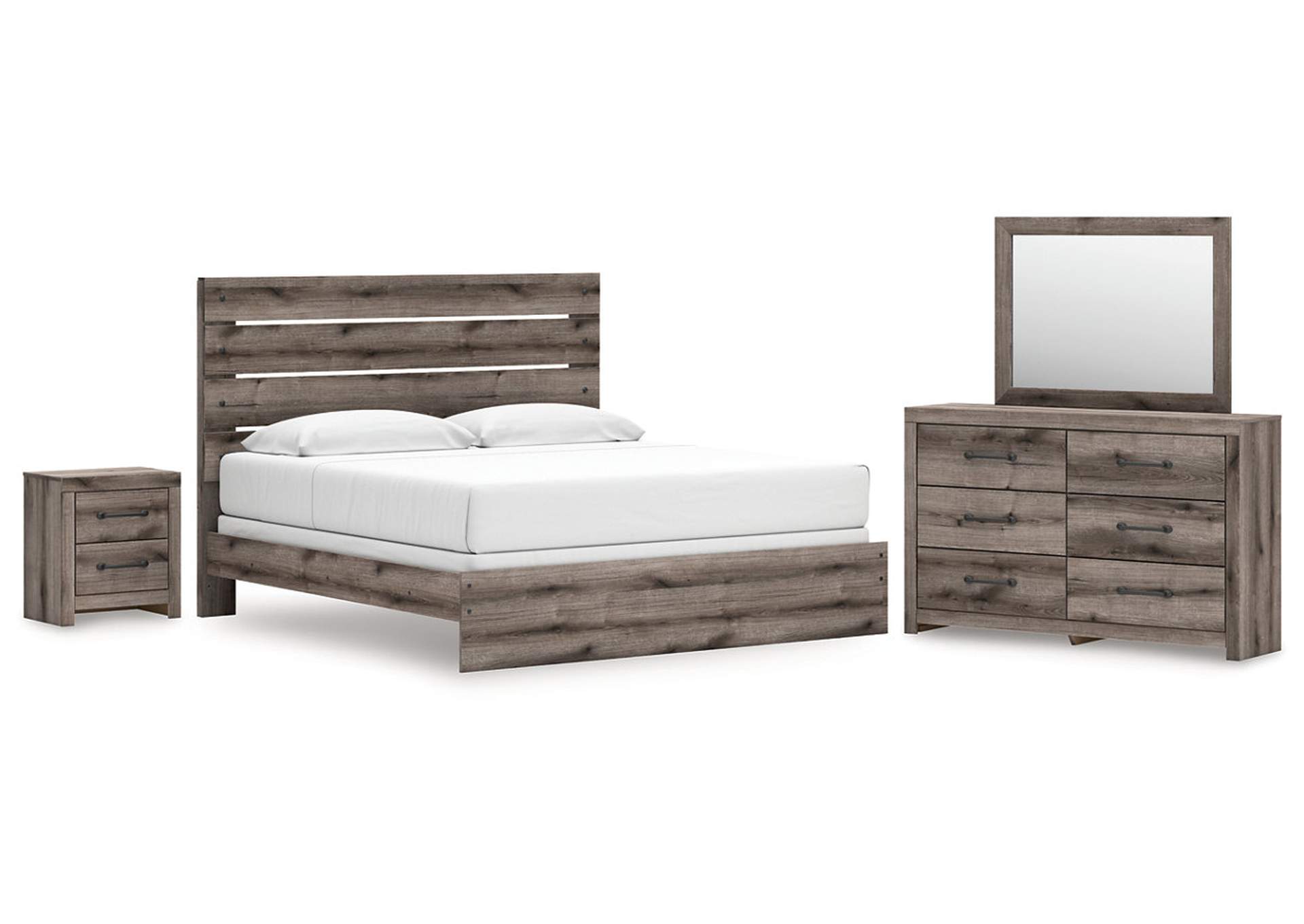Urbanoore King Panel Bed with Mirrored Dresser and Nightstand image 1