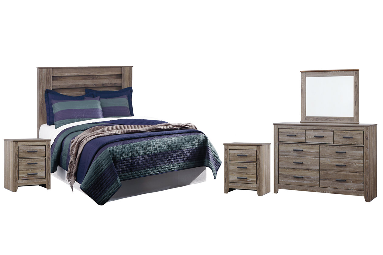 Zelen Full Panel Headboard Bed with Mirrored Dresser and 2 Nightstands