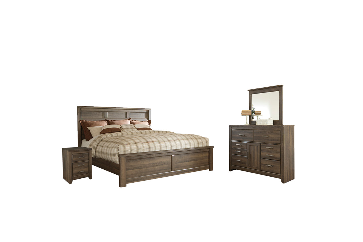 Juararo King Panel Bed with Mirrored Dresser and 2 Nightstands