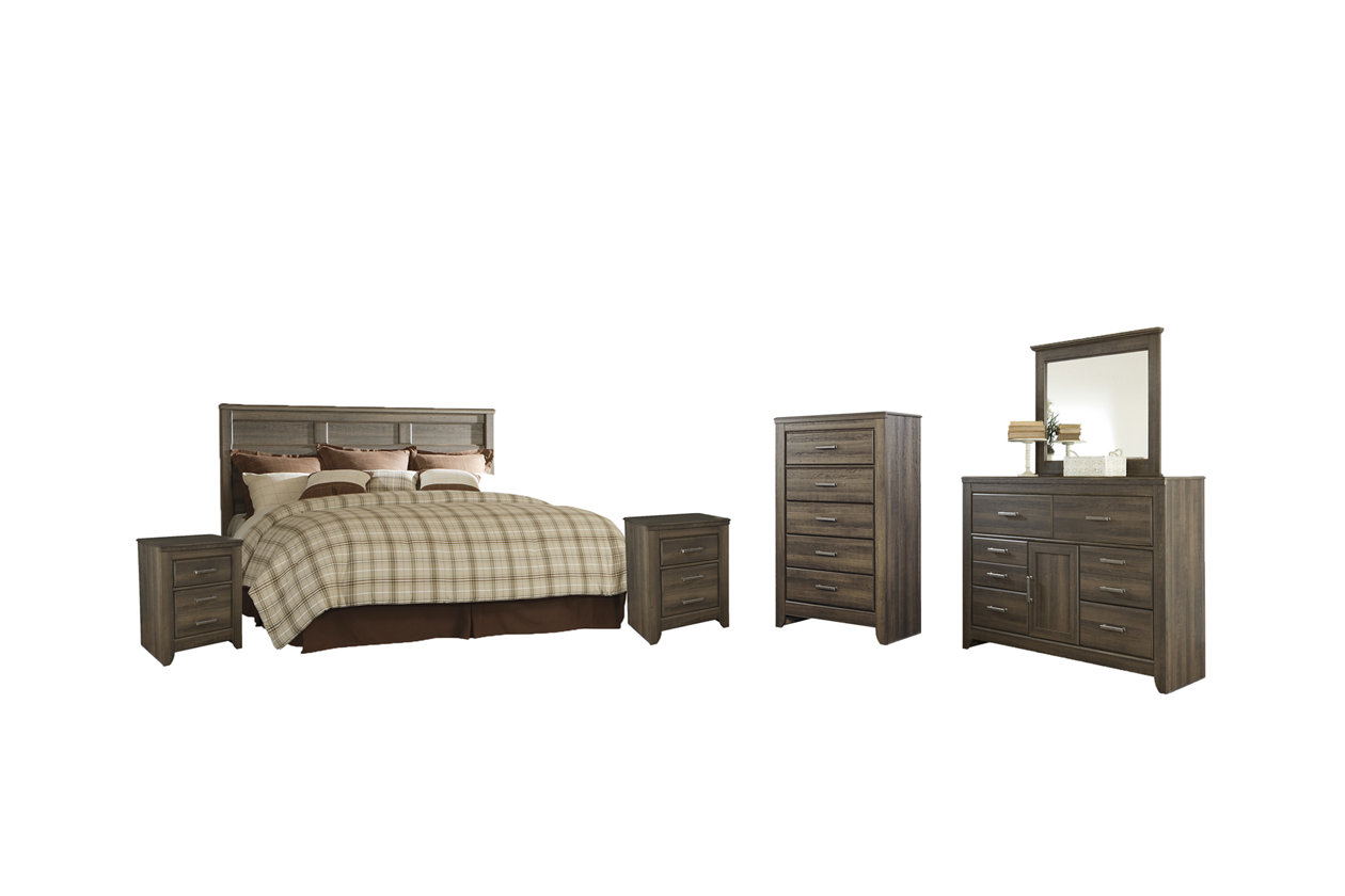 Juararo King/California King Panel Headboard Bed with Mirrored Dresser, Chest and 2 Nightstands