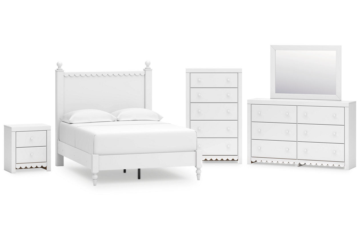 Mollviney Full Panel Bed with Mirrored Dresser, Chest and Nightstand