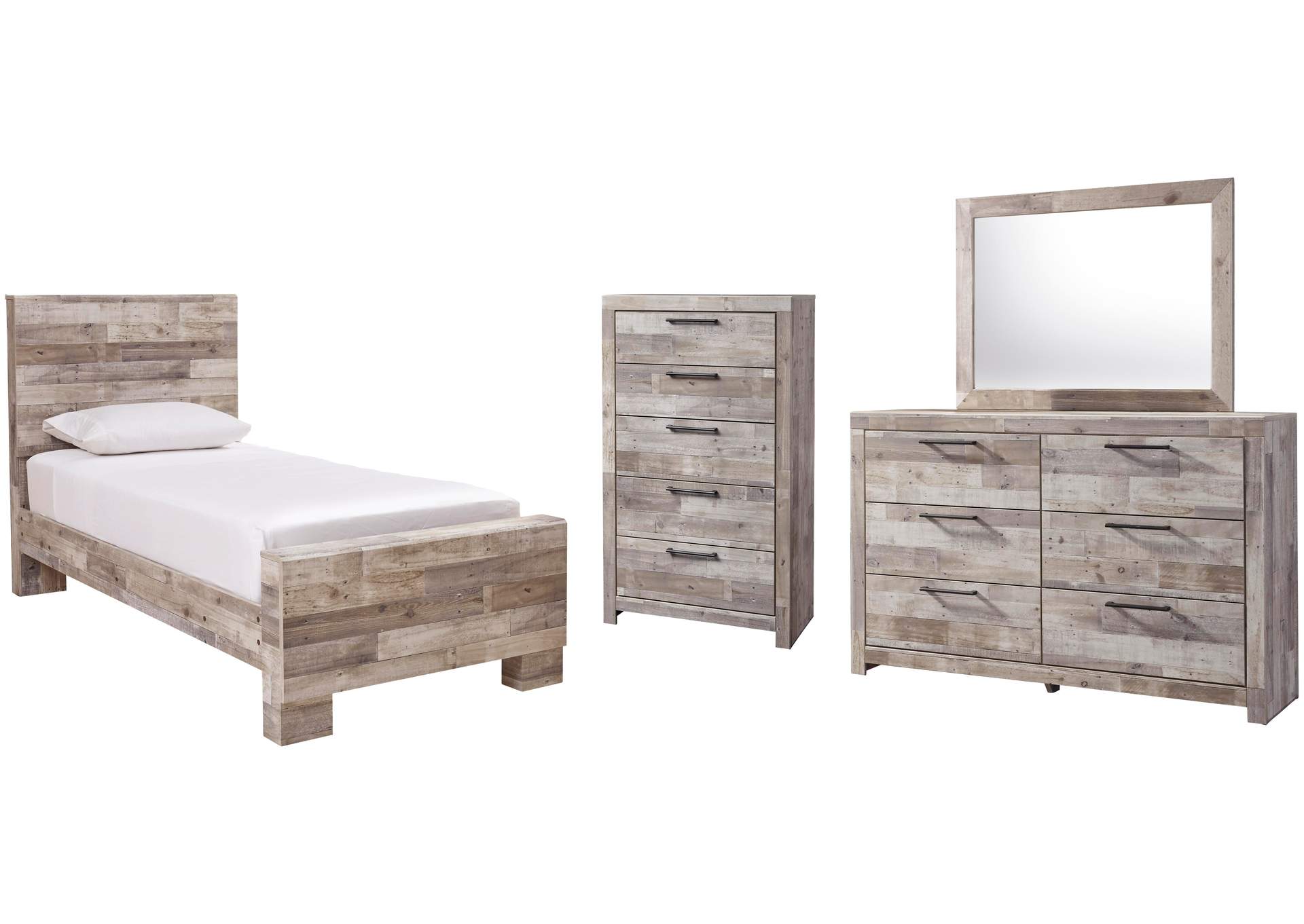 Effie Twin Panel Bed with Mirrored Dresser and Chest