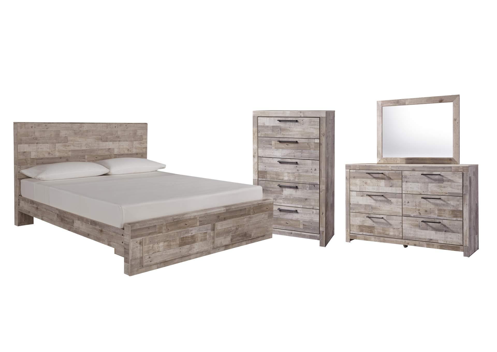 Effie King Panel Bed with 2 Storage Drawers with Mirrored Dresser and Chest image 1