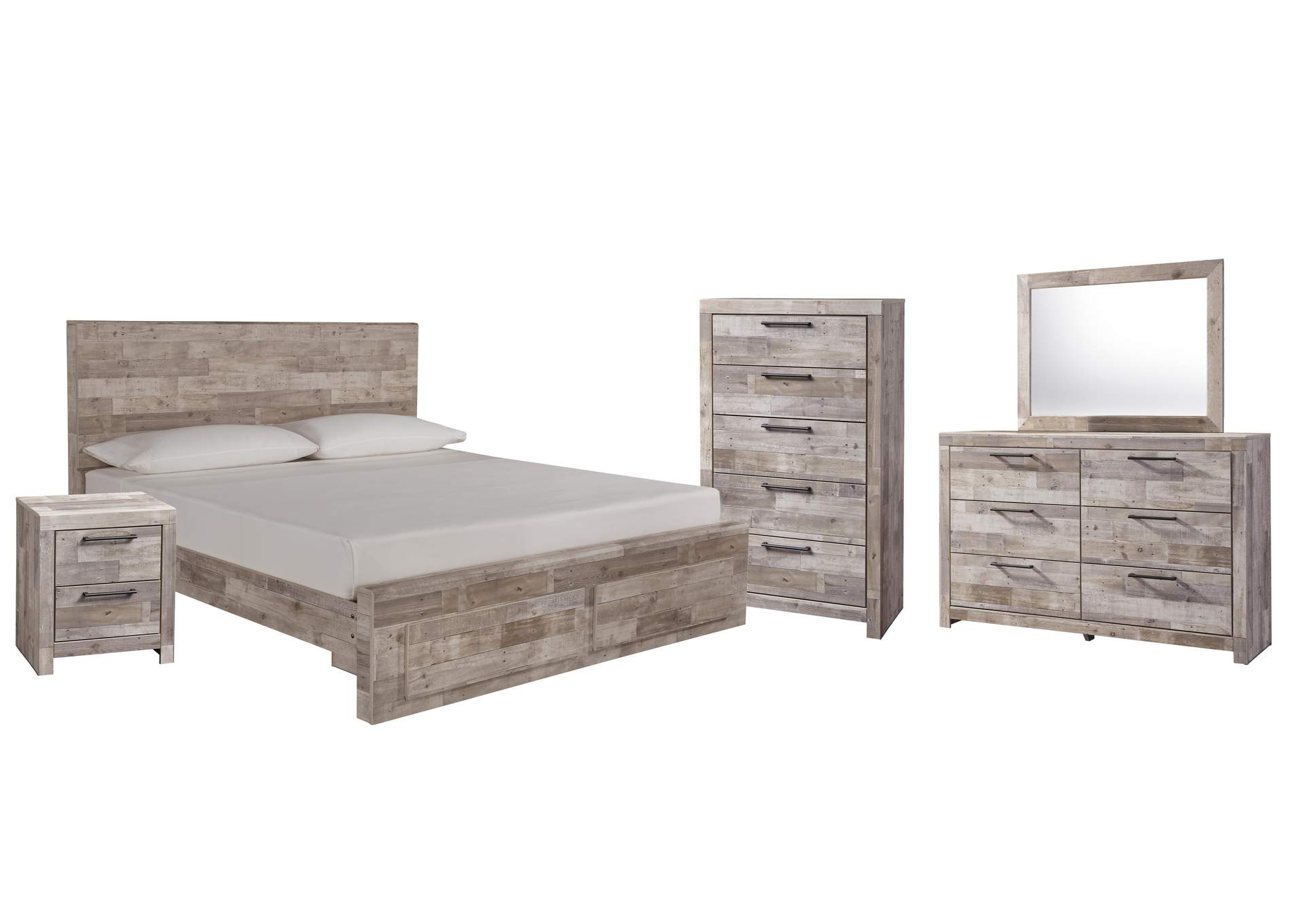 Effie King Panel Bed with 2 Storage Drawers with Mirrored Dresser, Chest and Nightstand image 1