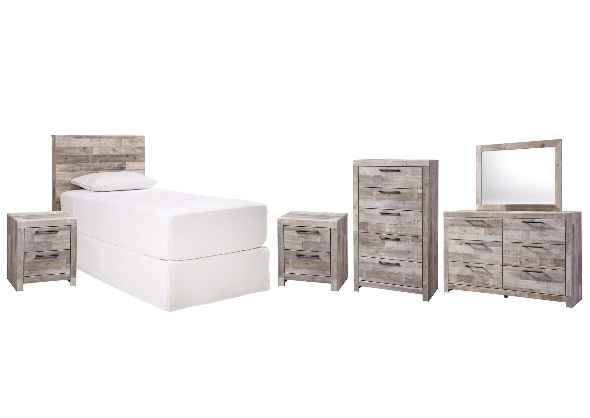 Effie Twin Panel Headboard Bed with Mirrored Dresser, Chest and 2 Nightstands image 1