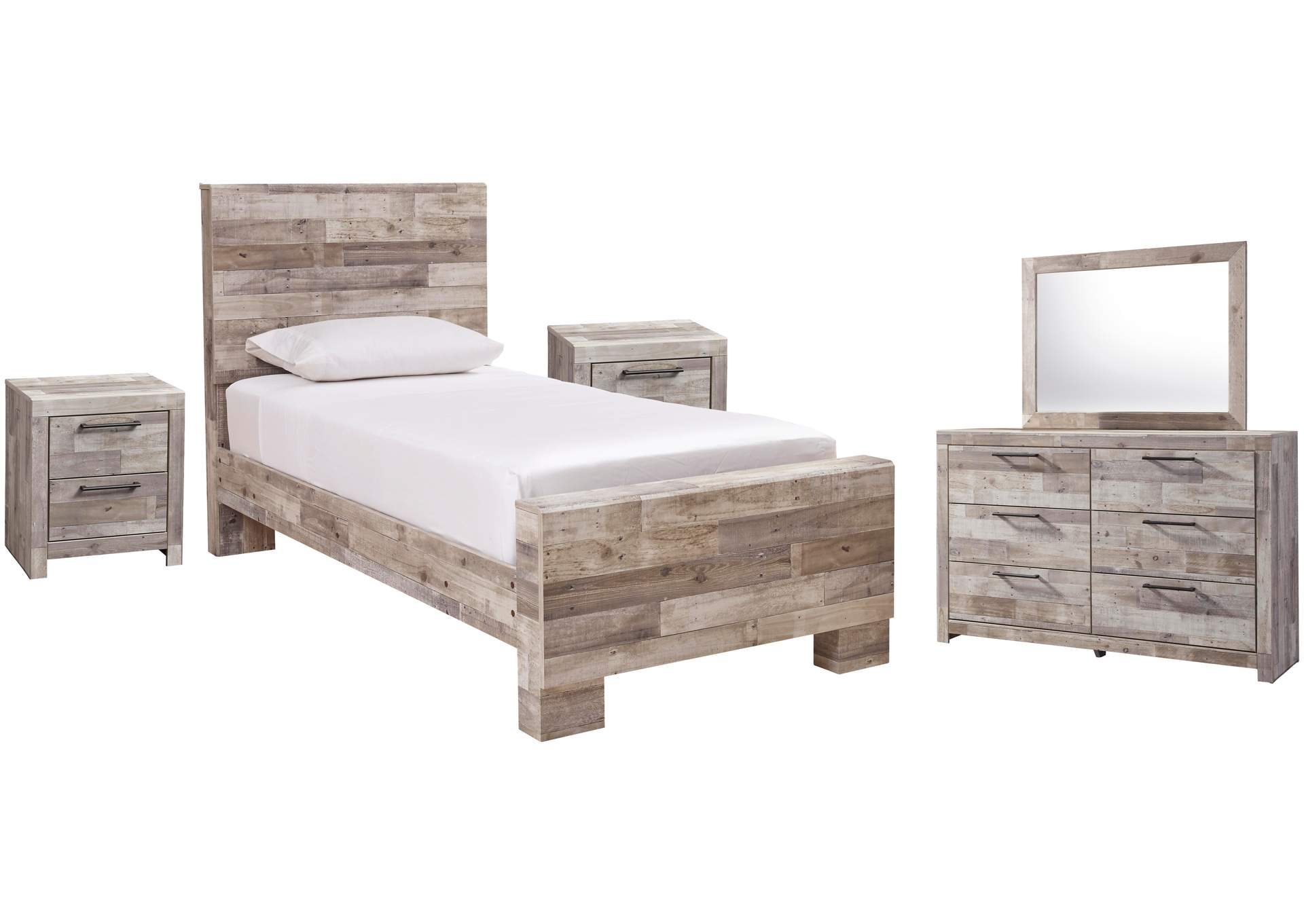 Effie Twin Panel Bed with Mirrored Dresser and 2 Nightstands image 1