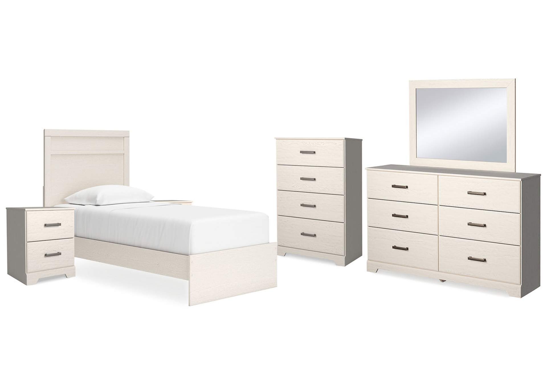 Stelsie Twin Panel Bed with Mirrored Dresser, Chest and 2 Nightstands